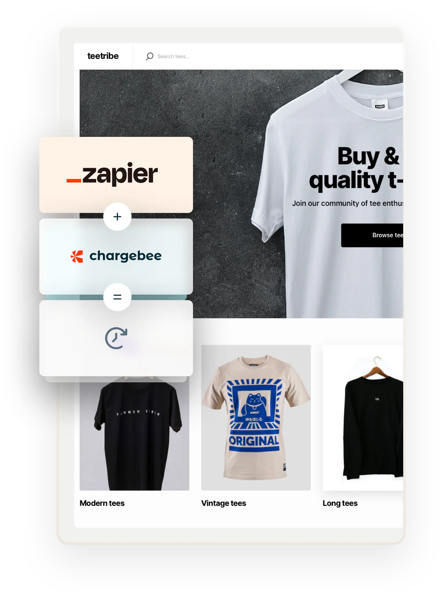 A snapshot of a sample marketplace for selling t-shirts. Overlaid on top are three boxes showing an equation: Zapier plus Chargebee equals subscriptions.