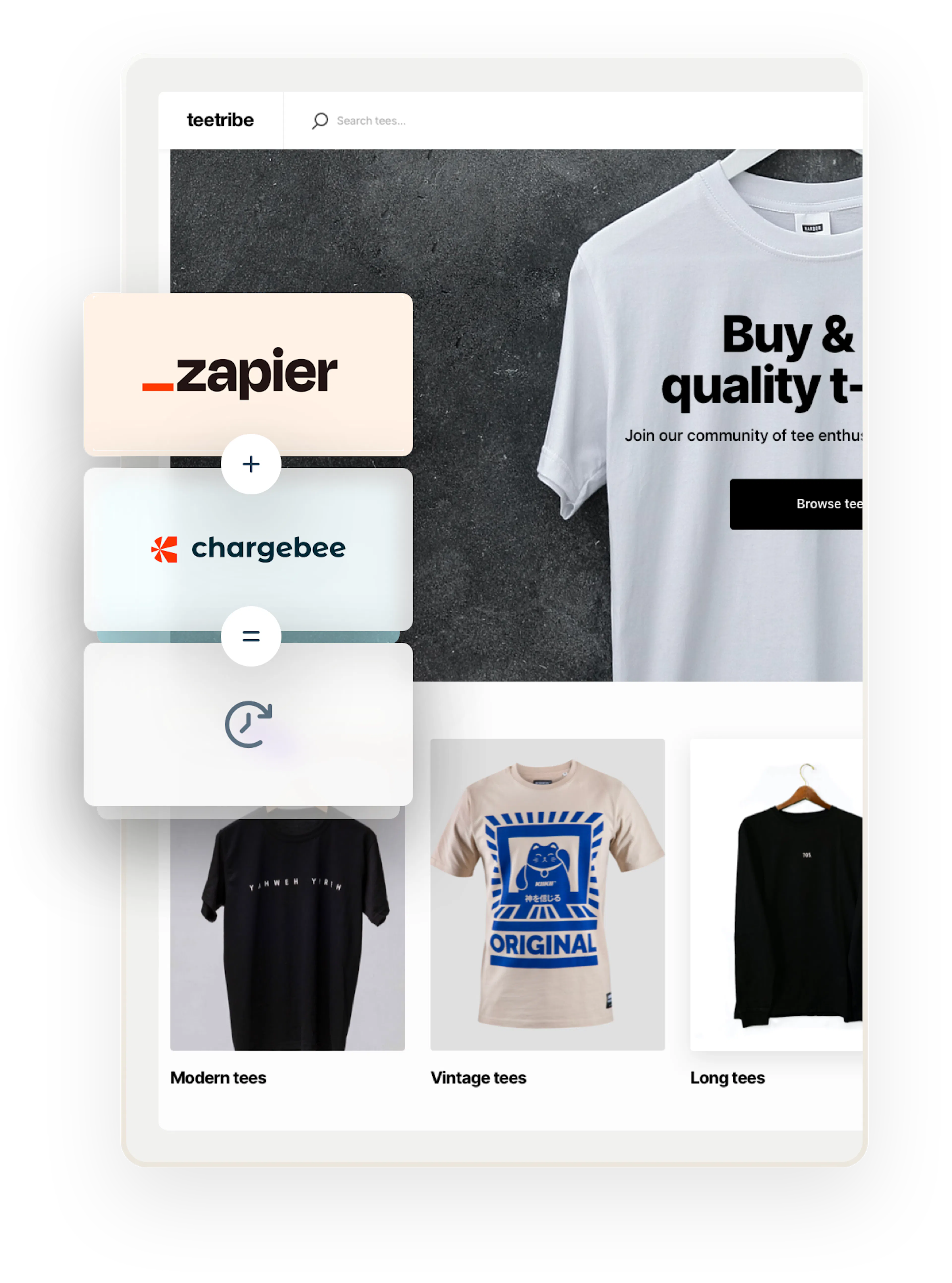 A snapshot of a sample marketplace for selling t-shirts. Overlaid on top are three boxes showing an equation: Zapier plus Chargebee equals subscriptions.