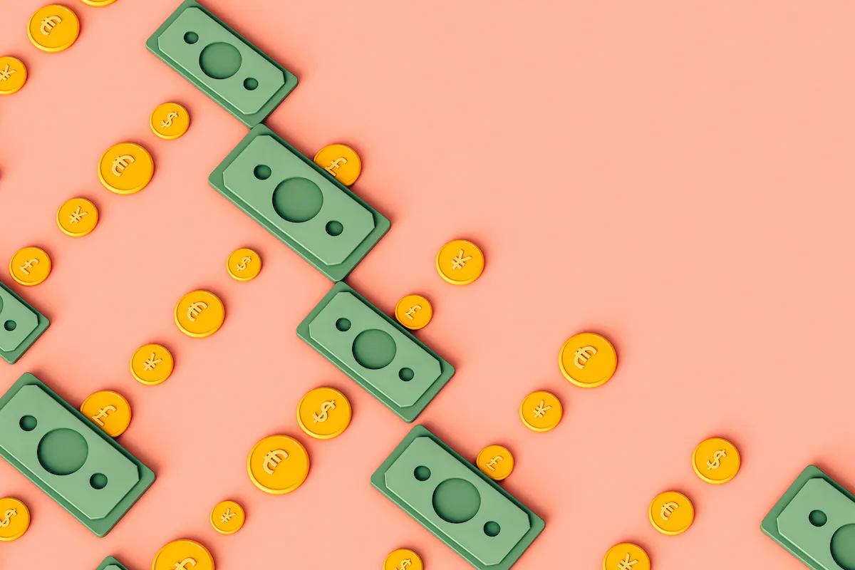 3D coins and bills in diagonal rows on pink background.