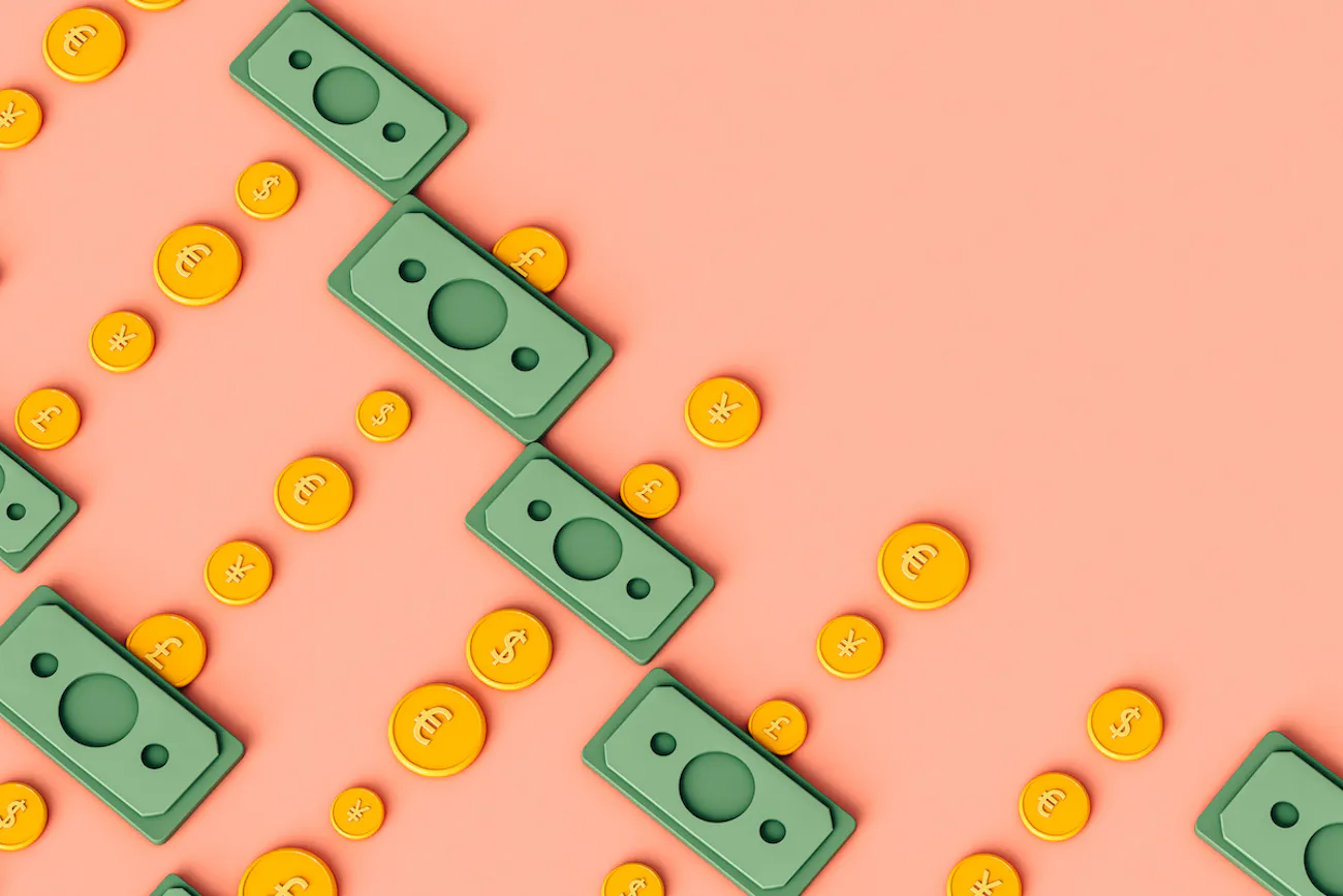 3D coins and bills in diagonal rows on pink background.