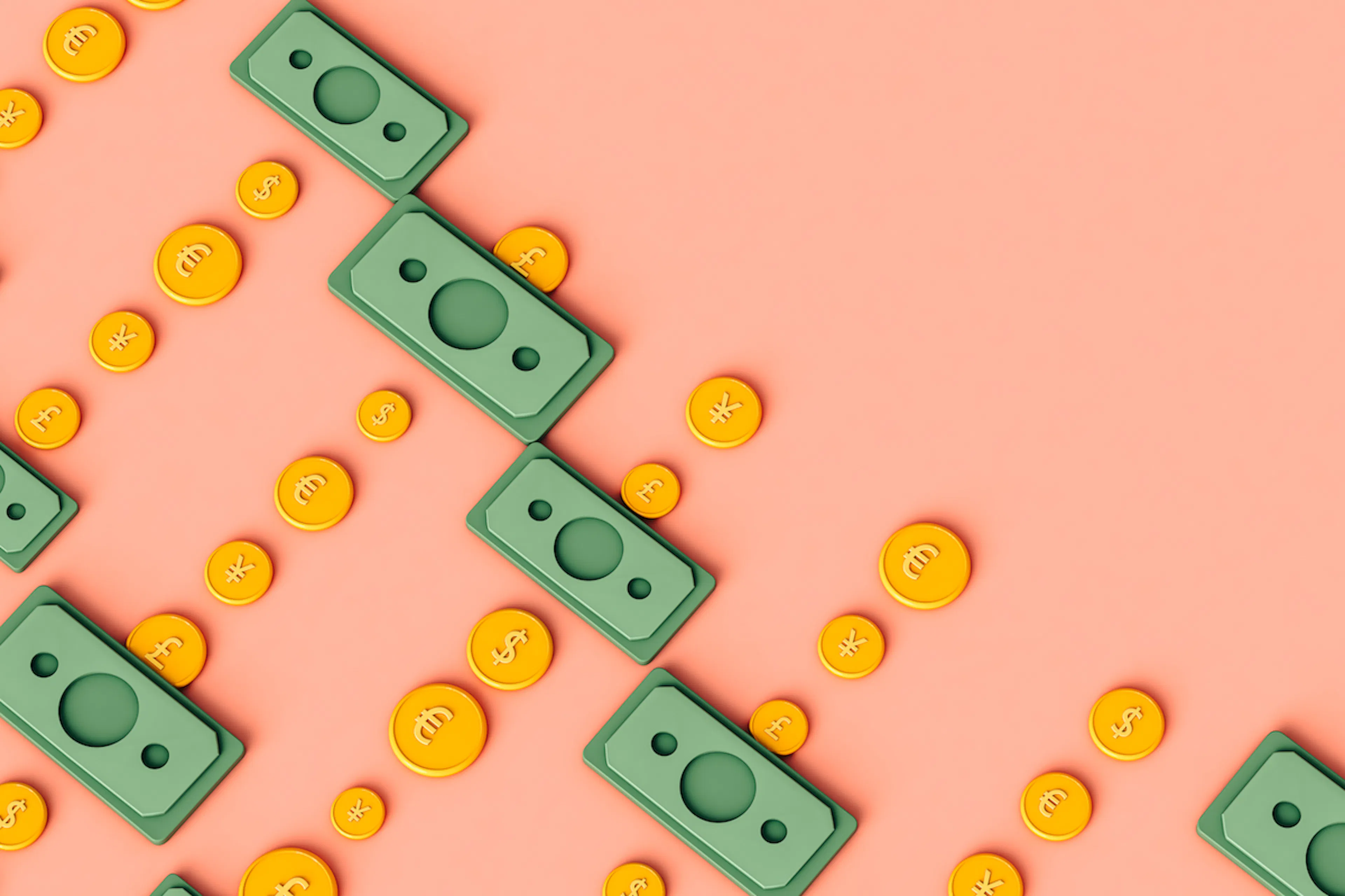 3D coins and bills in diagonal rows on pink background.