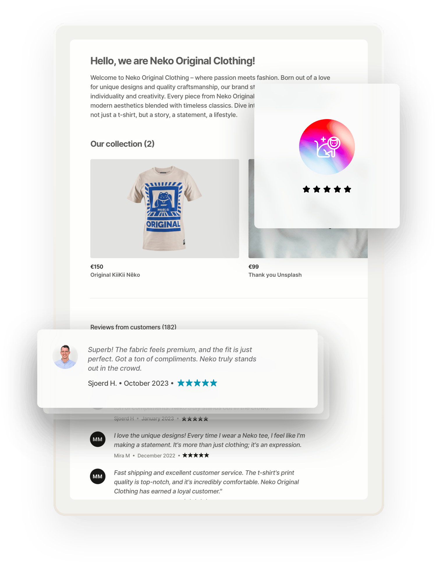 A sample profile page for a t-shirt seller called Neko Original Clothing. The page includes t-shirt listings as well as glowing reviews from customers. A glowing review from Sjoerd is highlighted in an overlaid box.