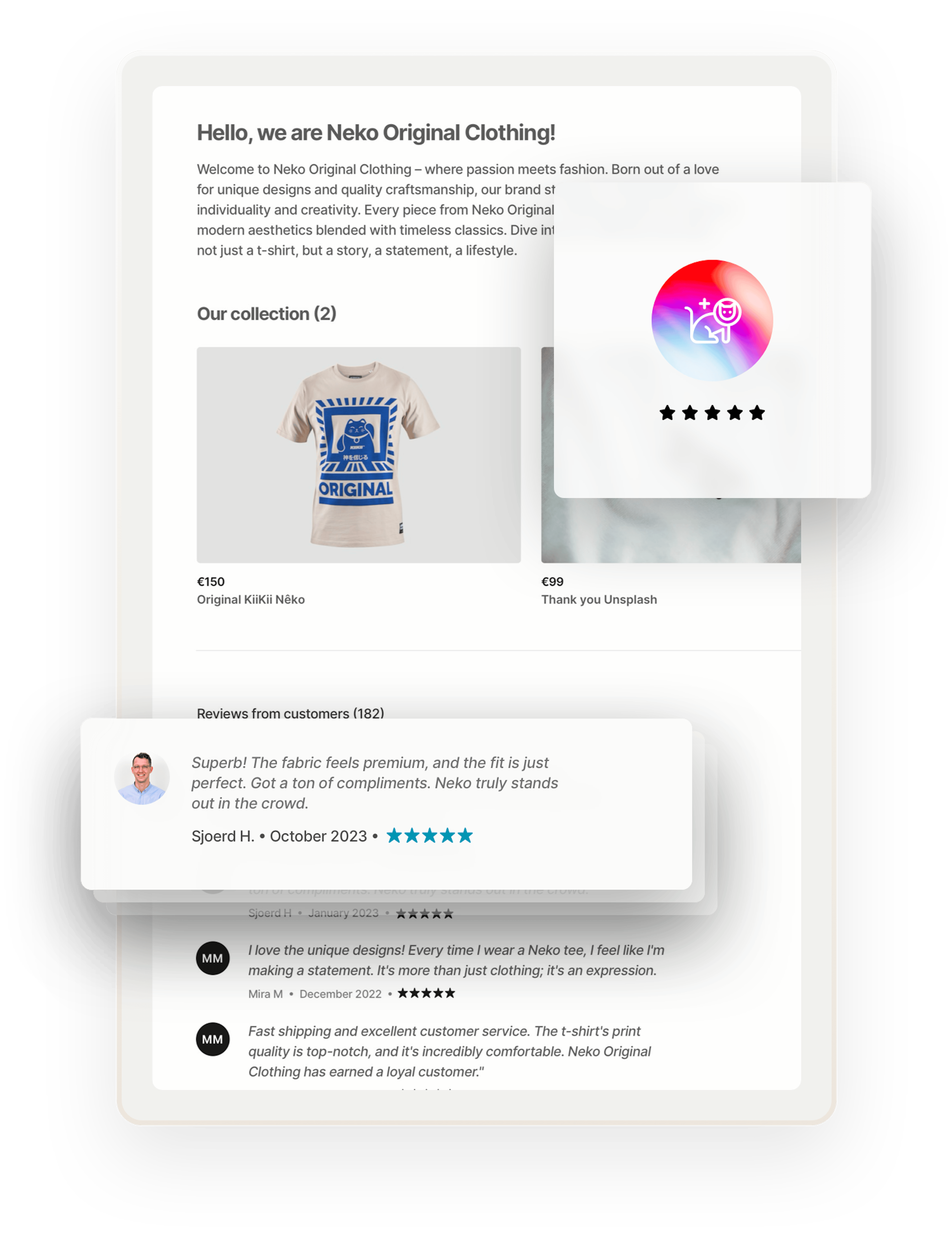 A sample profile page for a t-shirt seller called Neko Original Clothing. The page includes t-shirt listings as well as glowing reviews from customers. A glowing review from Sjoerd is highlighted in an overlaid box.