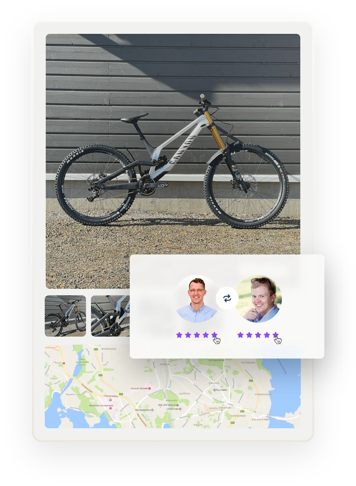 A bike listing with images and a map. Overlaid on top is a box with images of two marketplace users, Sjoerd and Juho, giving each other five-star ratings.