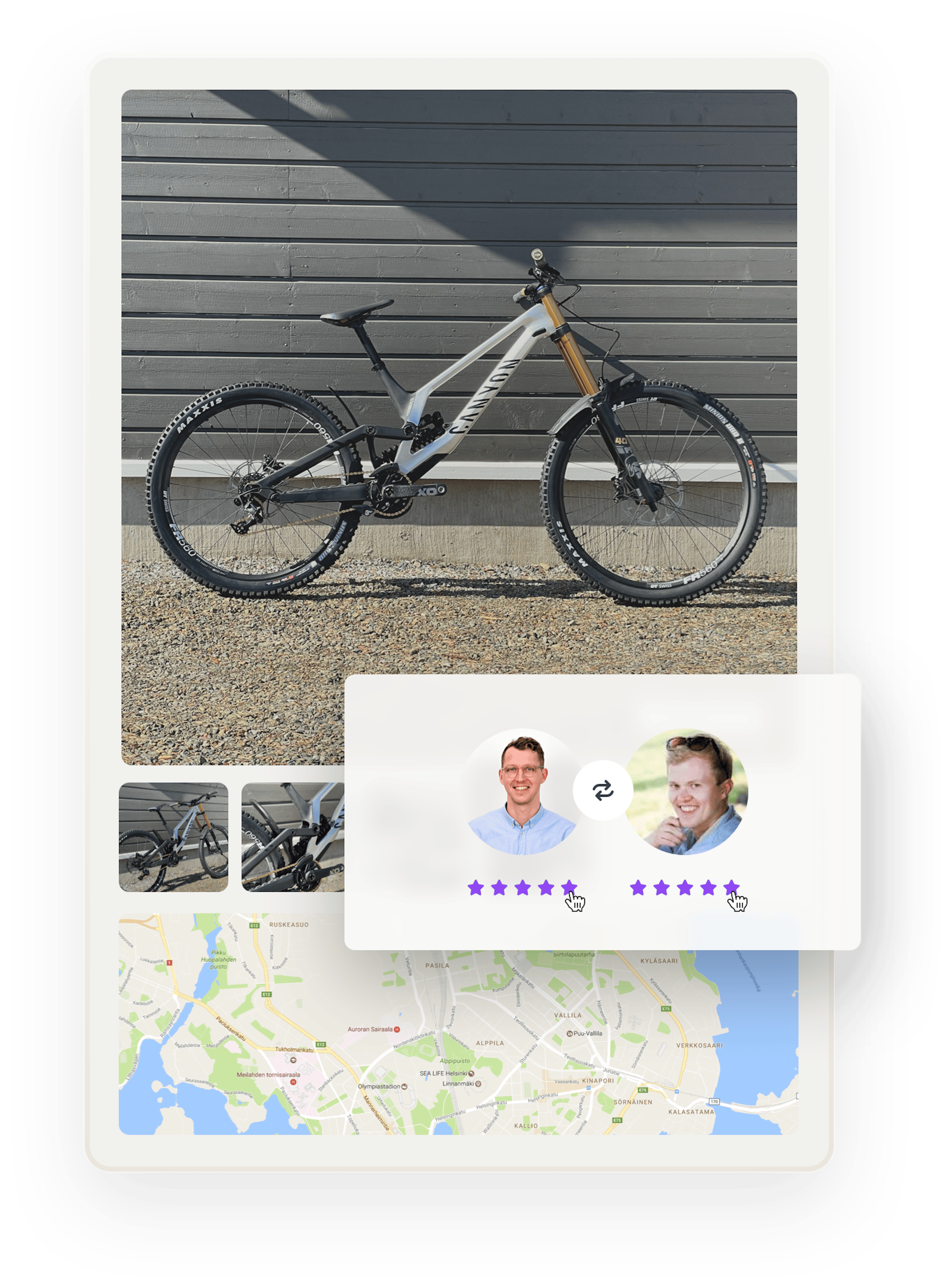 Marketplace review feature. A bike listing with images and a map. Overlaid on top is a box with images of two marketplace users, Sjoerd and Juho, giving each other five-star ratings.