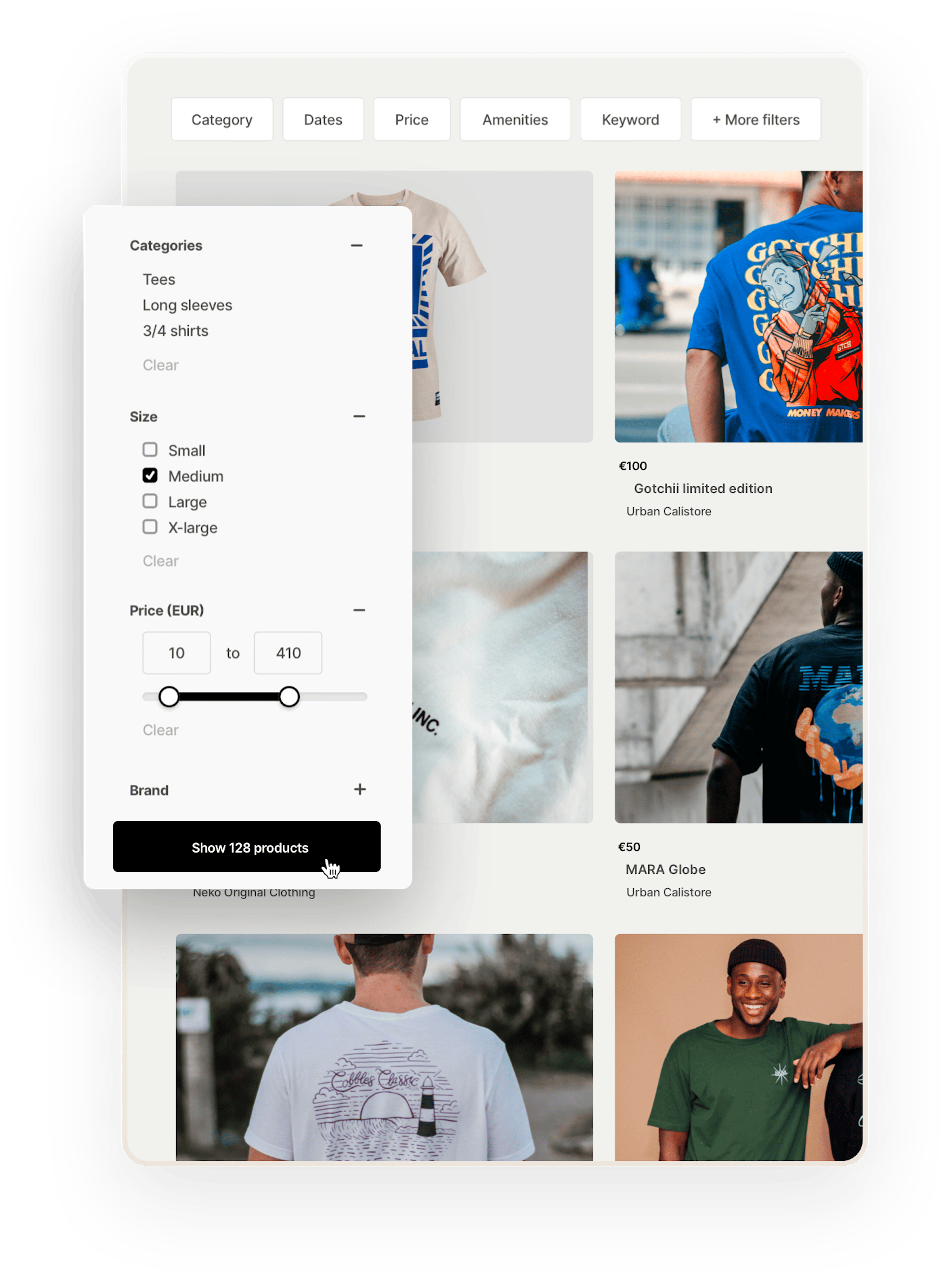 A grid of t-shirt thumbnails with an image, title, and price on a search page. Overlaid on top is a box with filters: category, size, and price.