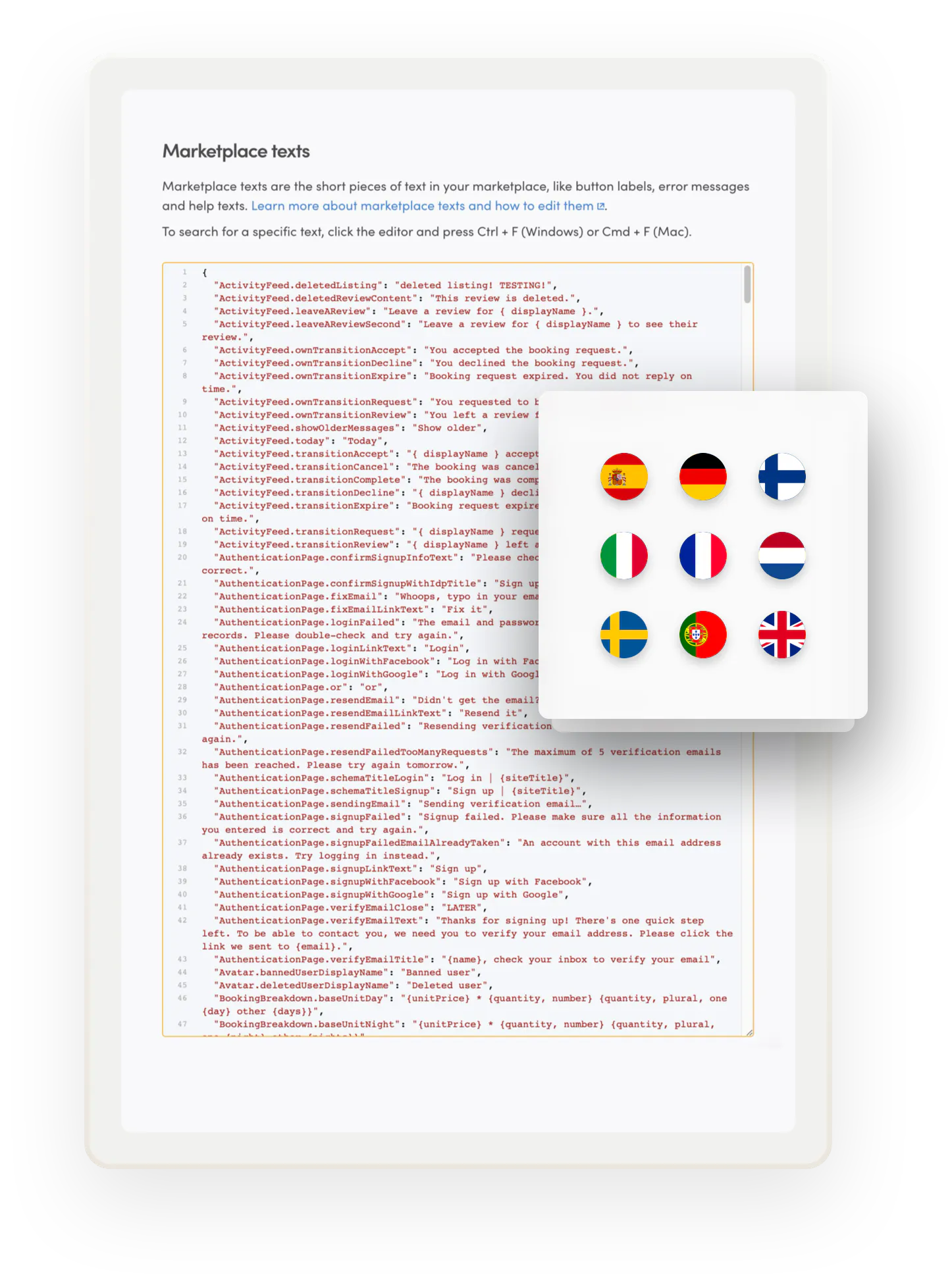 The marketplace text editor in Console. Overlaid on top is a box with country flags, signifying different languages you can translate your marketplace into.
