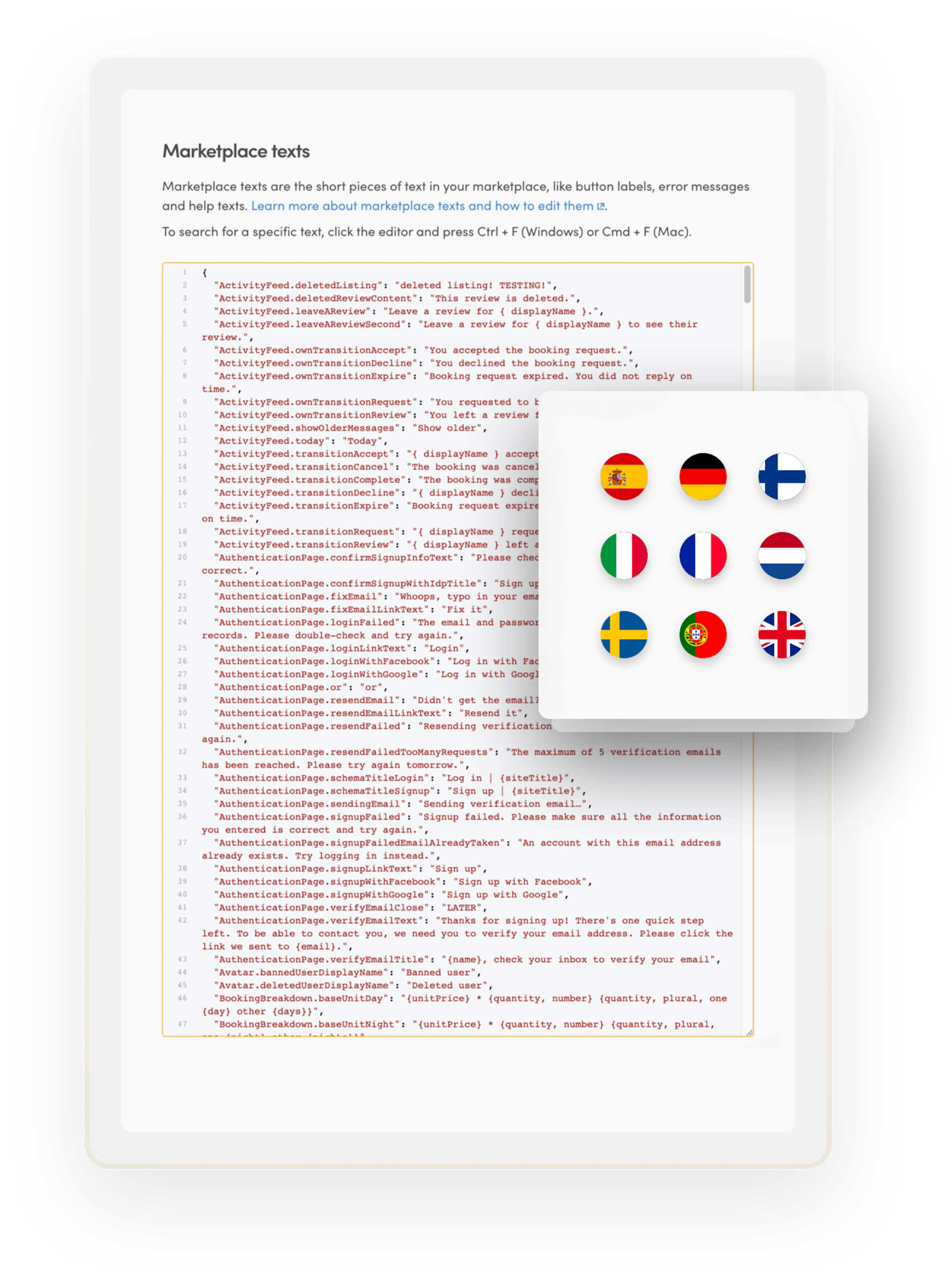 The marketplace text editor in Console. Overlaid on top is a box with country flags, signifying different languages you can translate your marketplace into.