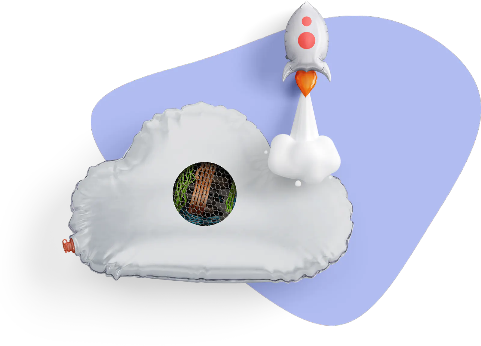 Inflatable toy cloud with a hole showing colorful wires and an inflatable toy rocket ship taking off.
