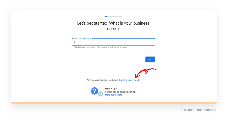 Screenshot of signing up to Google Keyword Planner in Expert Mode.