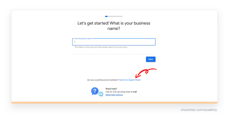 Screenshot of signing up to Google Keyword Planner in Expert Mode.