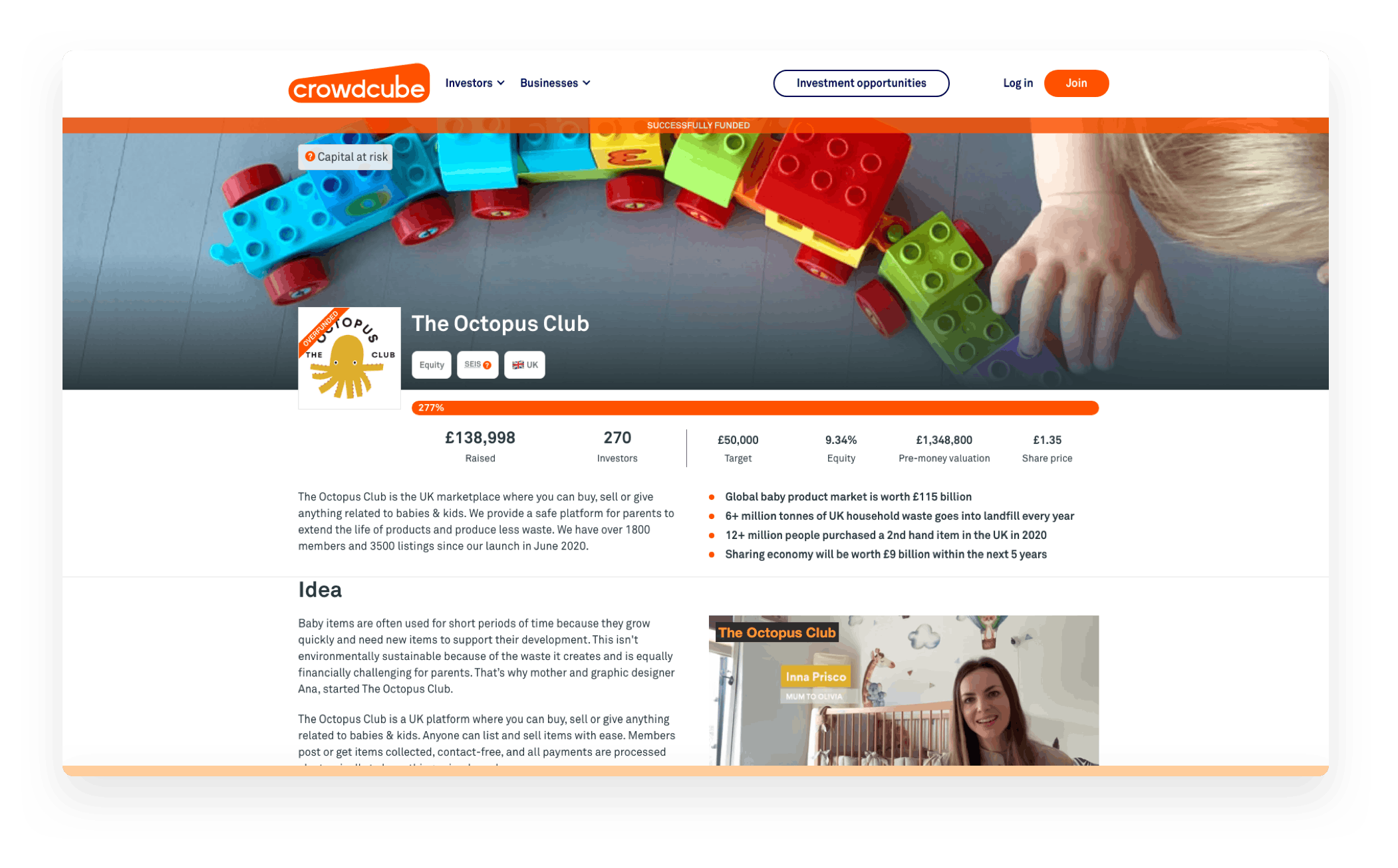 Screenshot from The Octopus Club's crowdfunding page in Crowdcube