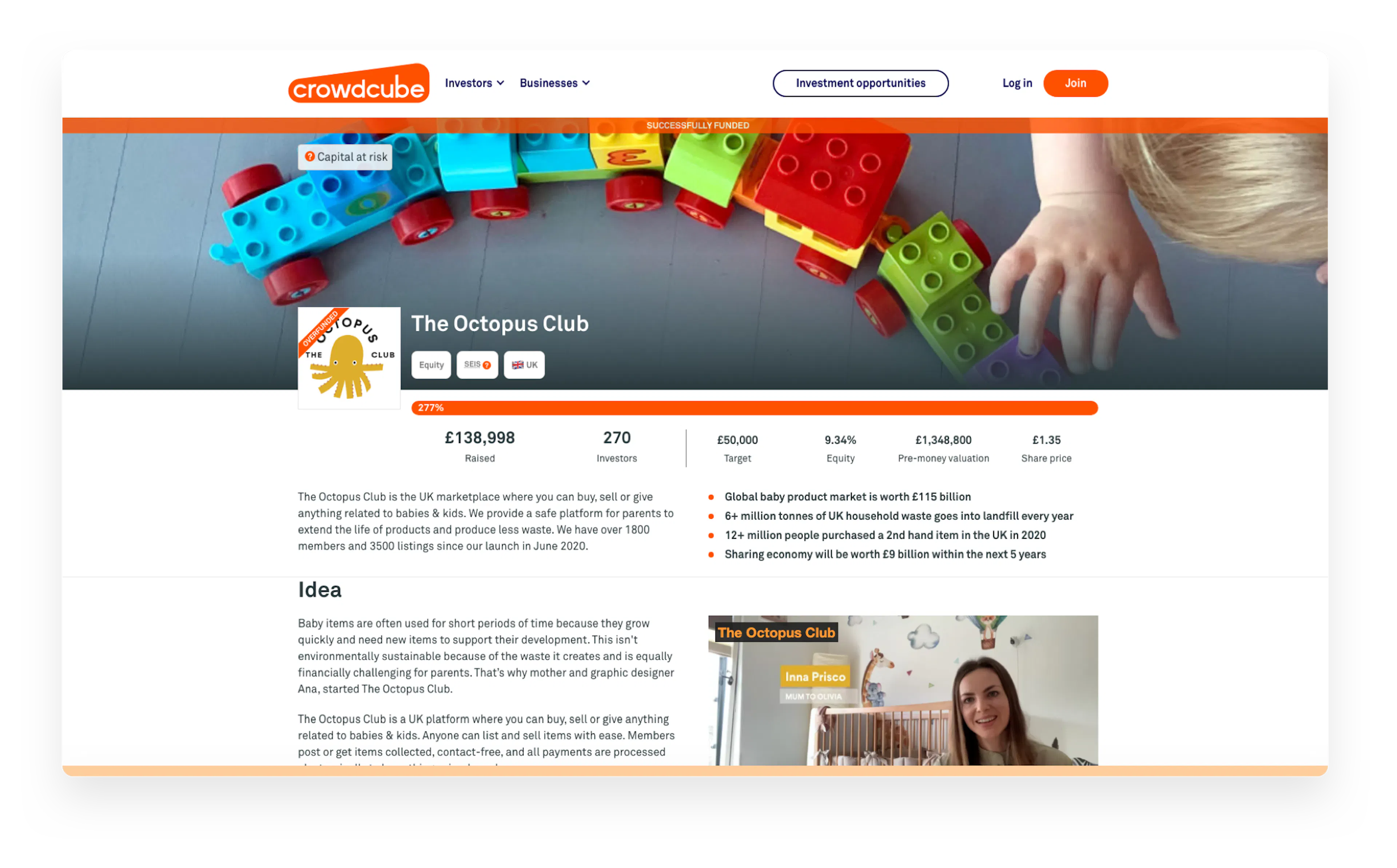 Screenshot from The Octopus Club's crowdfunding page in Crowdcube