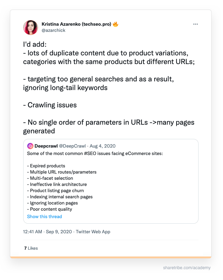 Kristina Azarenko's tweet about eCommerce technical SEO issues.