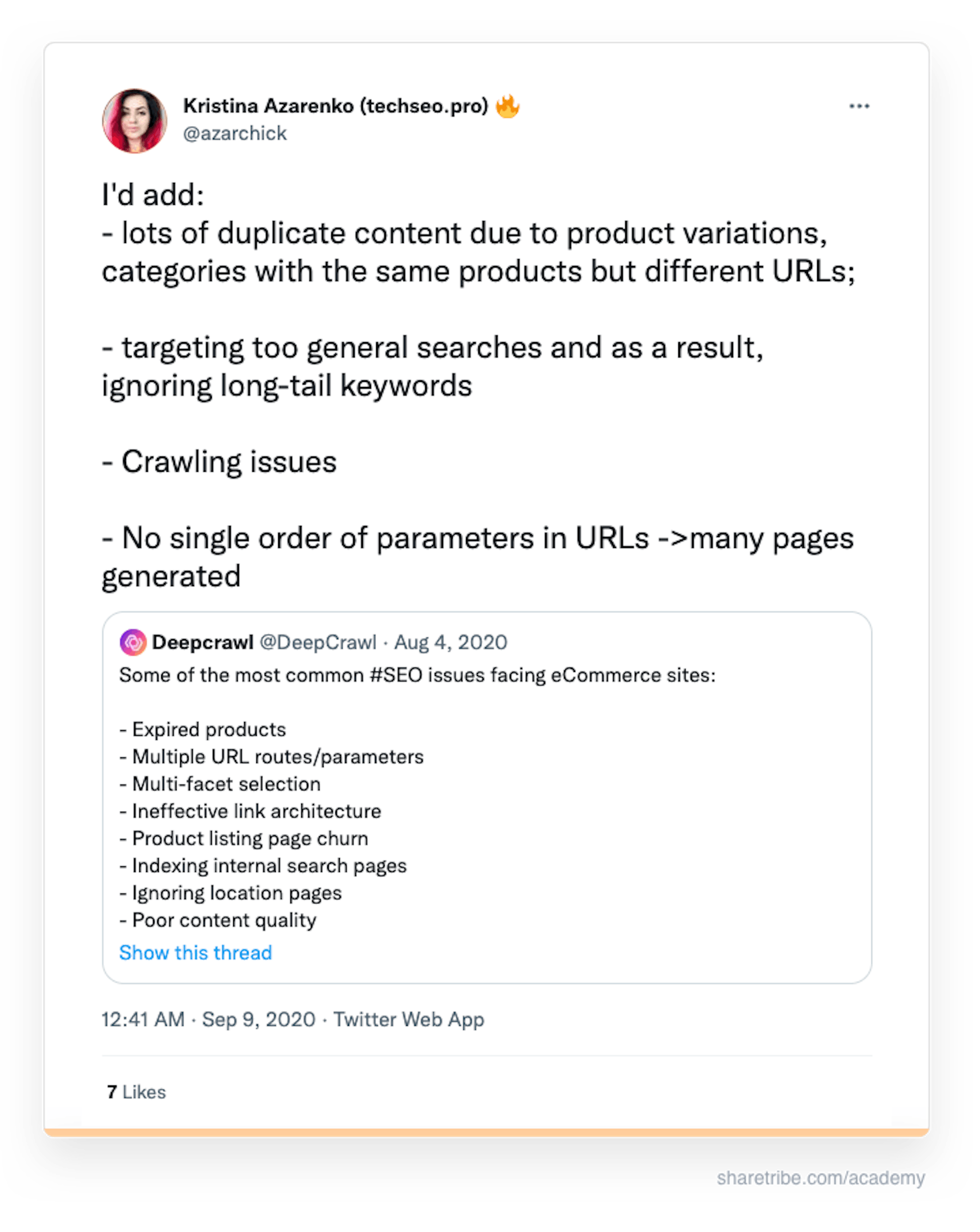 Kristina Azarenko's tweet about eCommerce technical SEO issues.