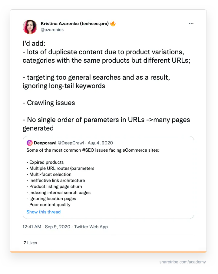 Kristina Azarenko's tweet about eCommerce technical SEO issues.