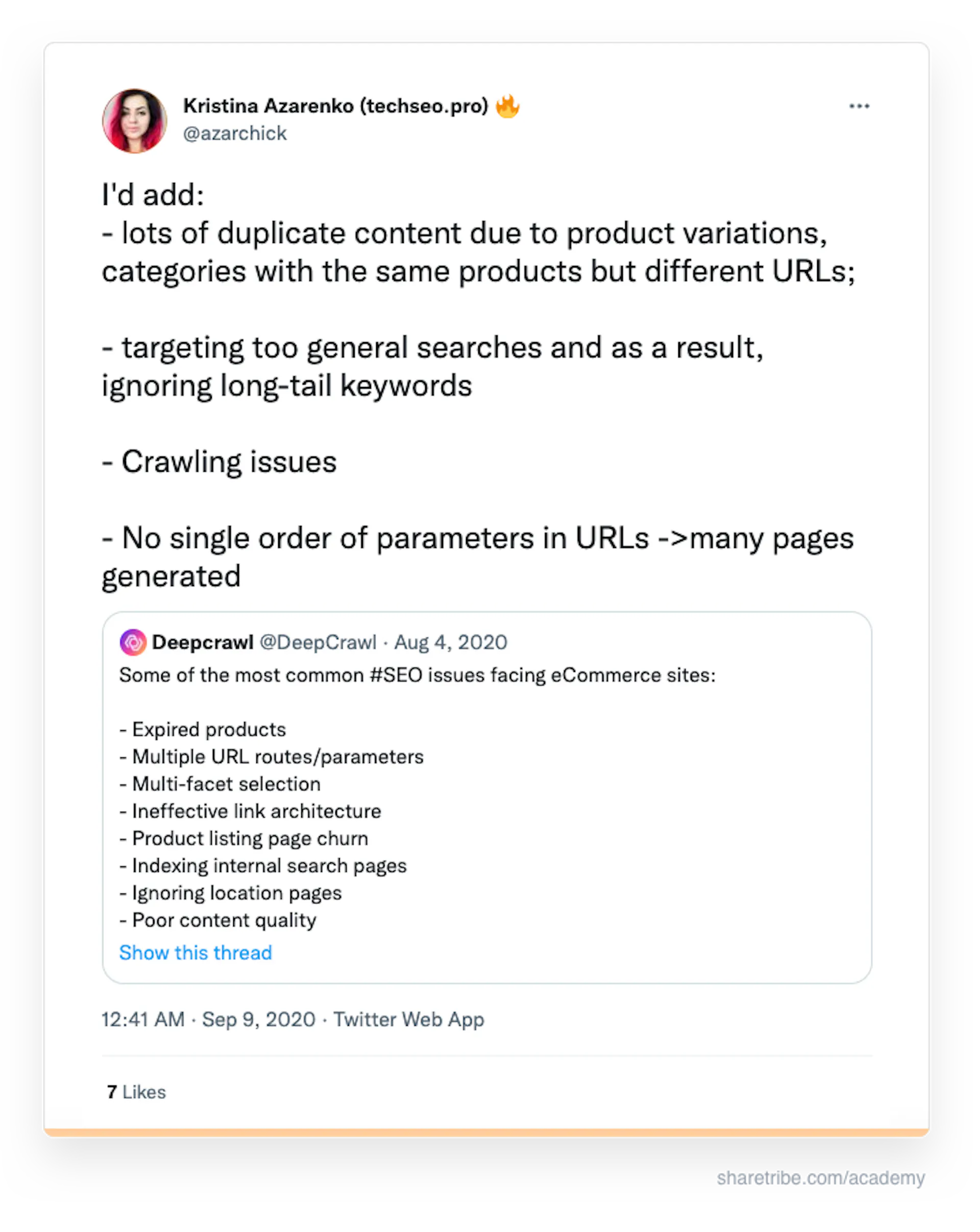 Kristina Azarenko's tweet about eCommerce technical SEO issues.