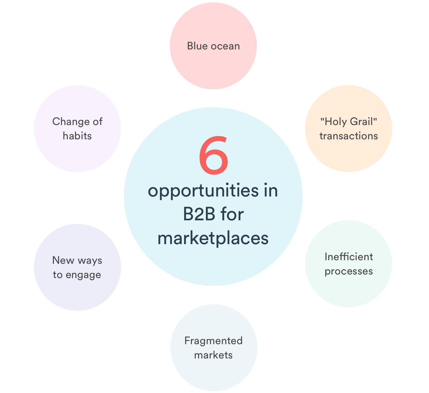 The 6 opportunities in B2B for marketplaces, placed in colorful circles arranged also in a circle. They are blue ocean, "Holy Grail" transaction, inefficient processes, fragmented markets, new ways to engage, and change of habits.