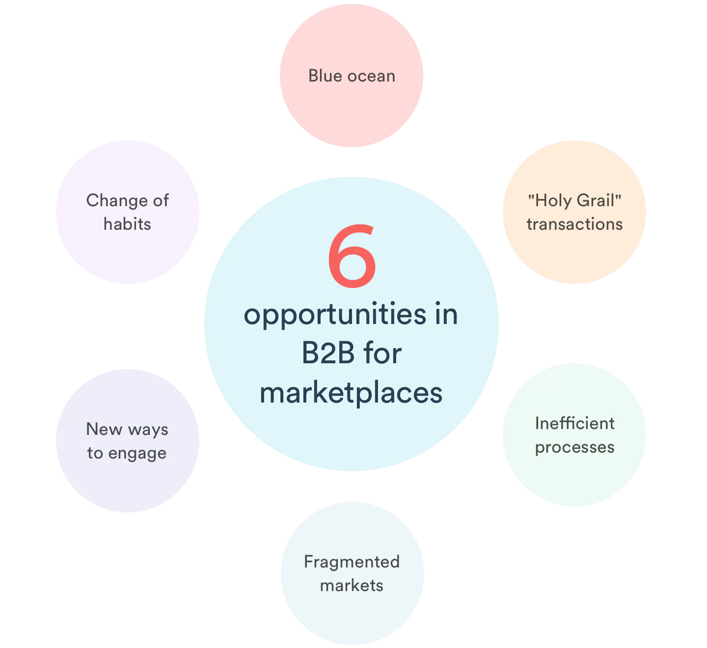 The 6 marketplace ideas and opportunities in B2B for marketplaces, placed in colorful circles arranged also in a circle. They are blue ocean, "Holy Grail" transaction, inefficient processes, fragmented markets, new ways to engage, and change of habits.