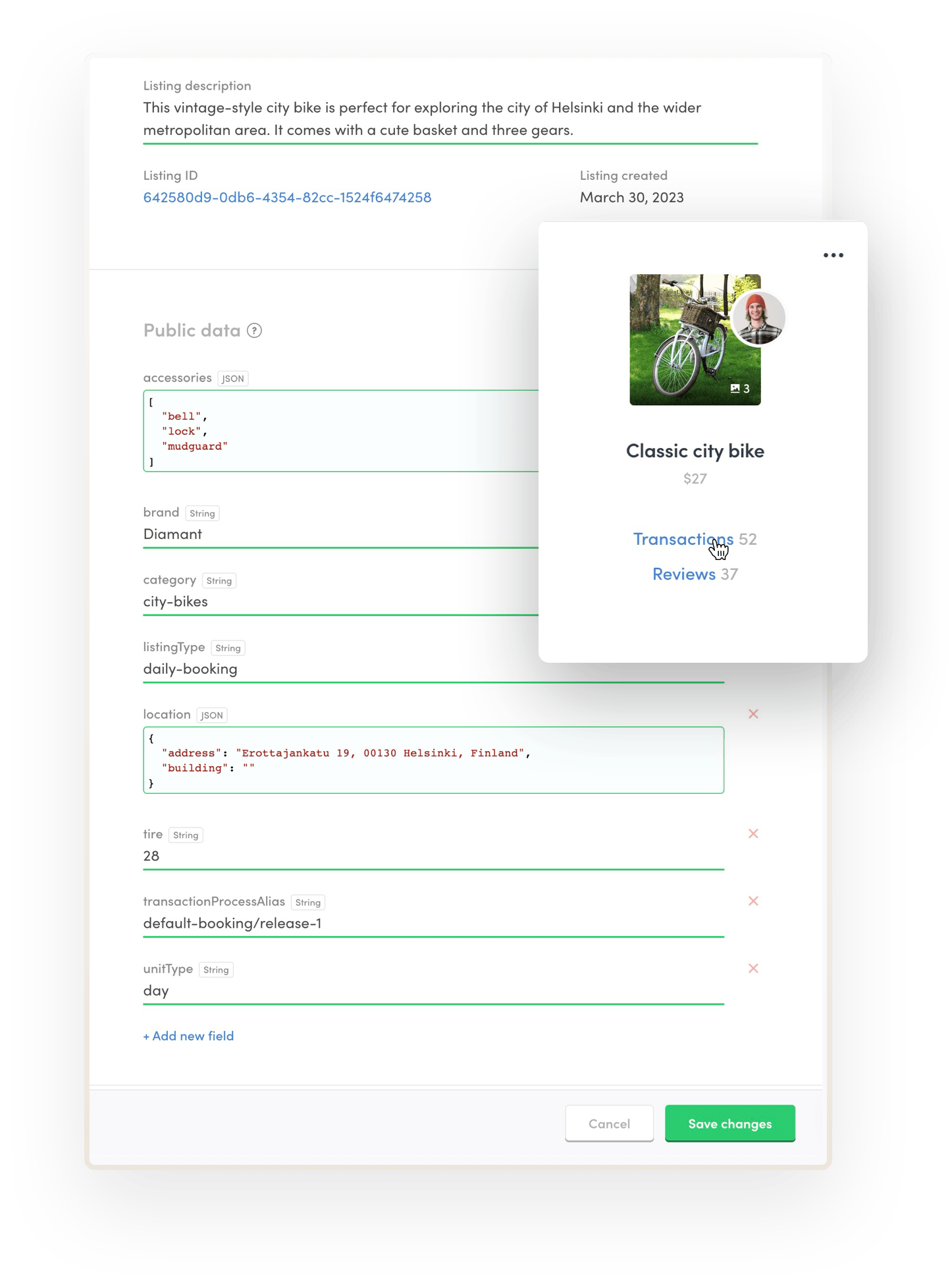 The marketplace operator is editing the data of a listing called Classic city bike in Console.