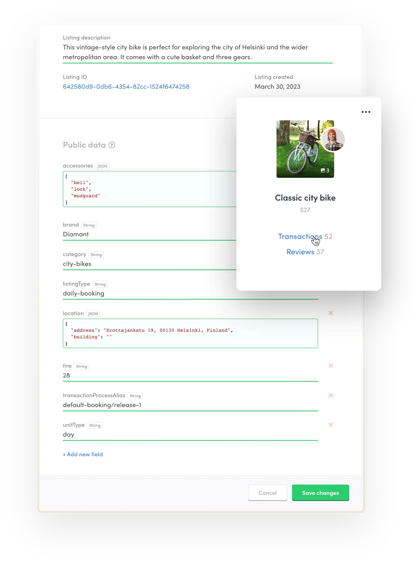 The marketplace operator is editing the data of a listing called Classic city bike in Console.
