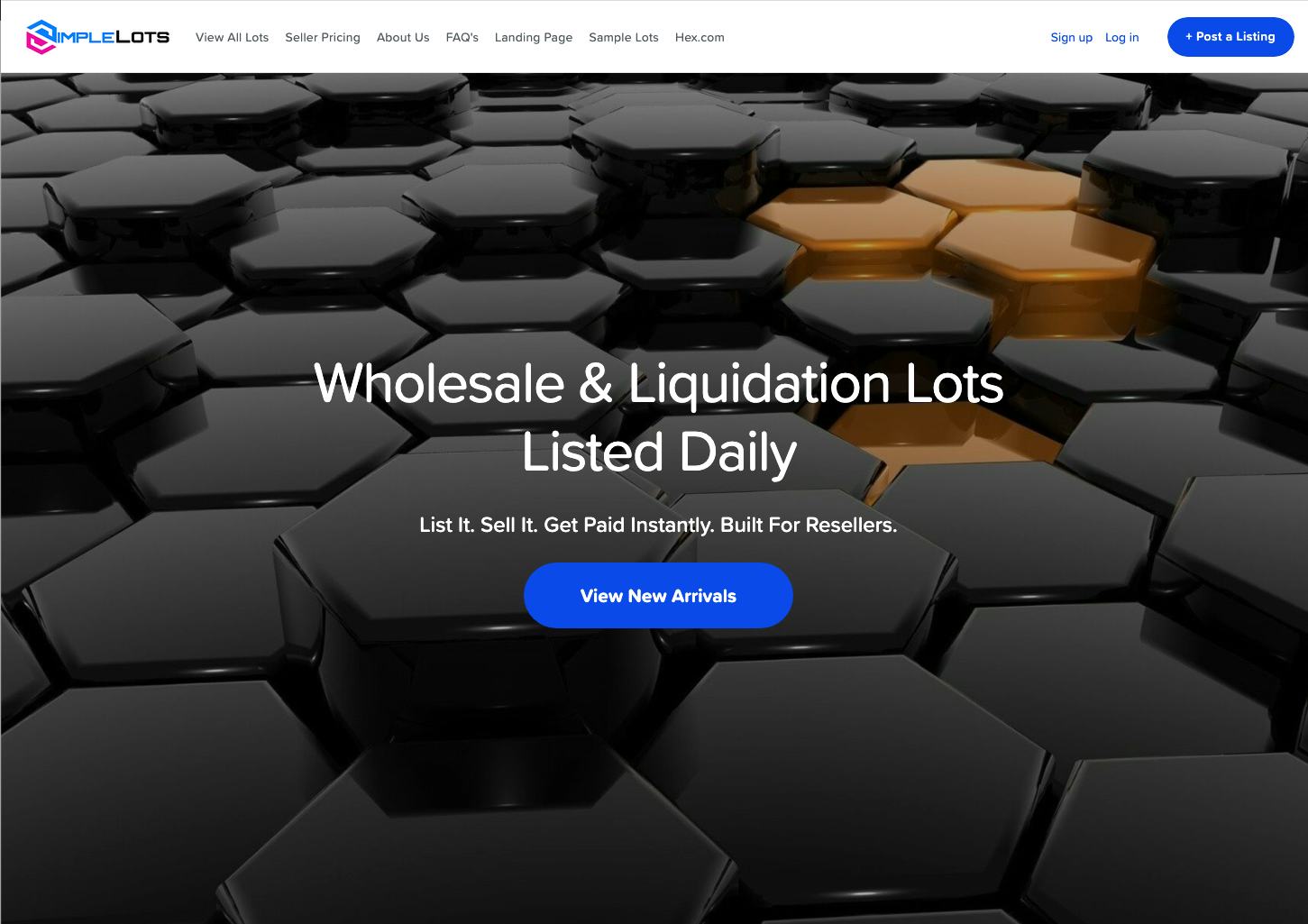 Screenshot of the Simplelots landing page that reads "Wholesale & Liquidation Lots Listed Daily".