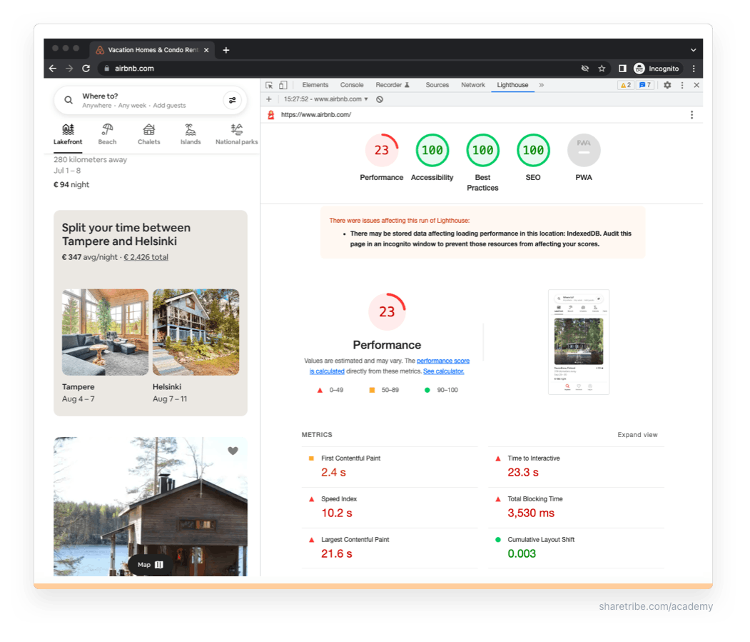 Screenshot of a Google Lighthouse report of Airbnb.com.