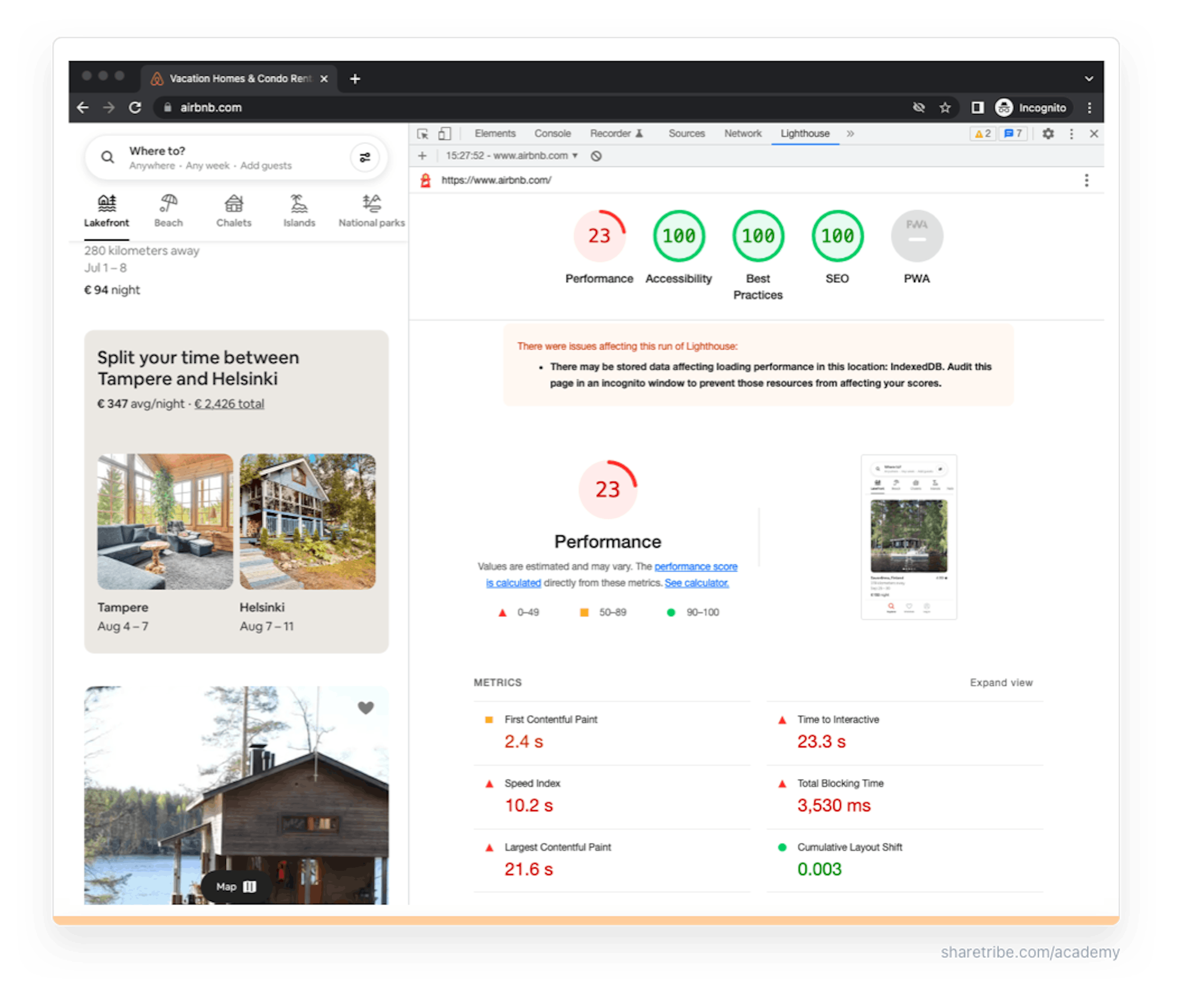 Screenshot of a Google Lighthouse report of Airbnb.com.
