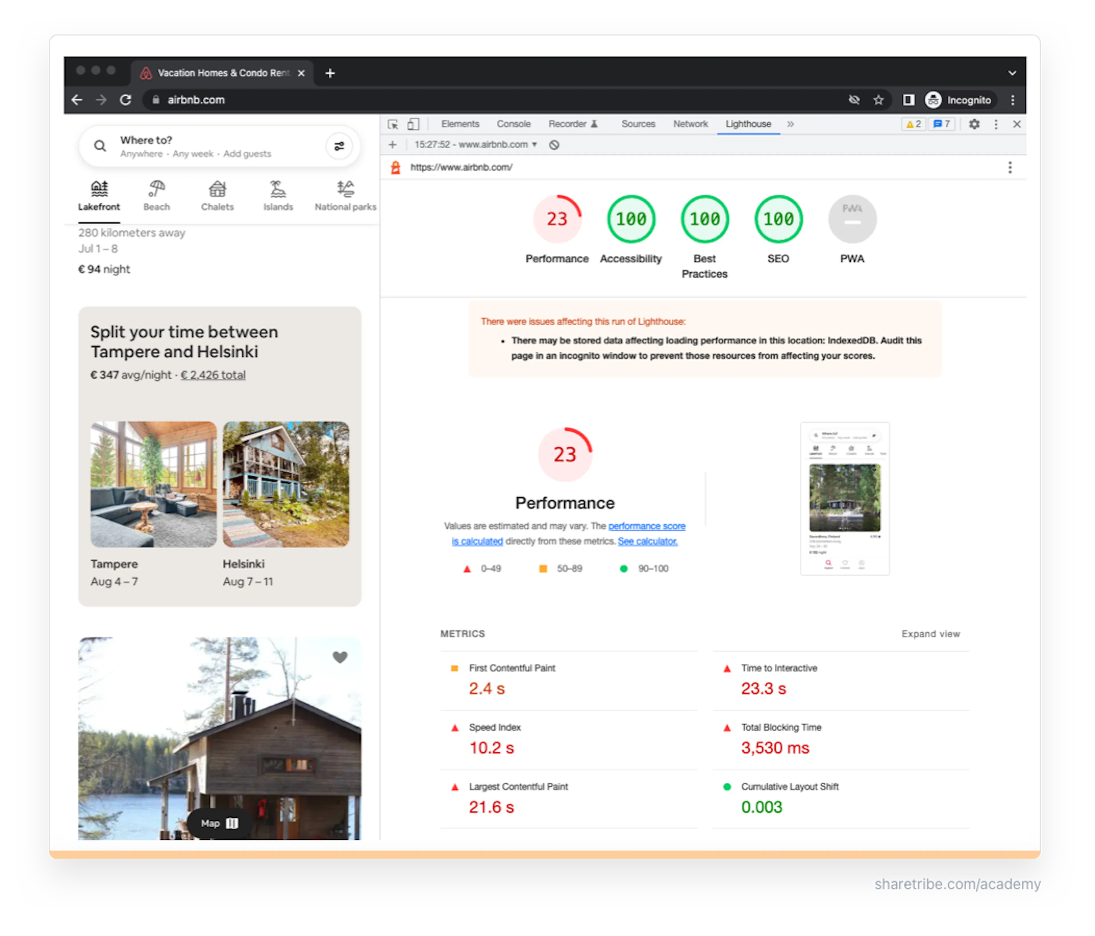 Screenshot of a Google Lighthouse report of Airbnb.com.