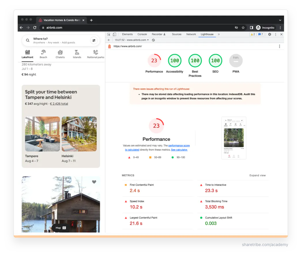 Screenshot of a Google Lighthouse report of Airbnb.com.