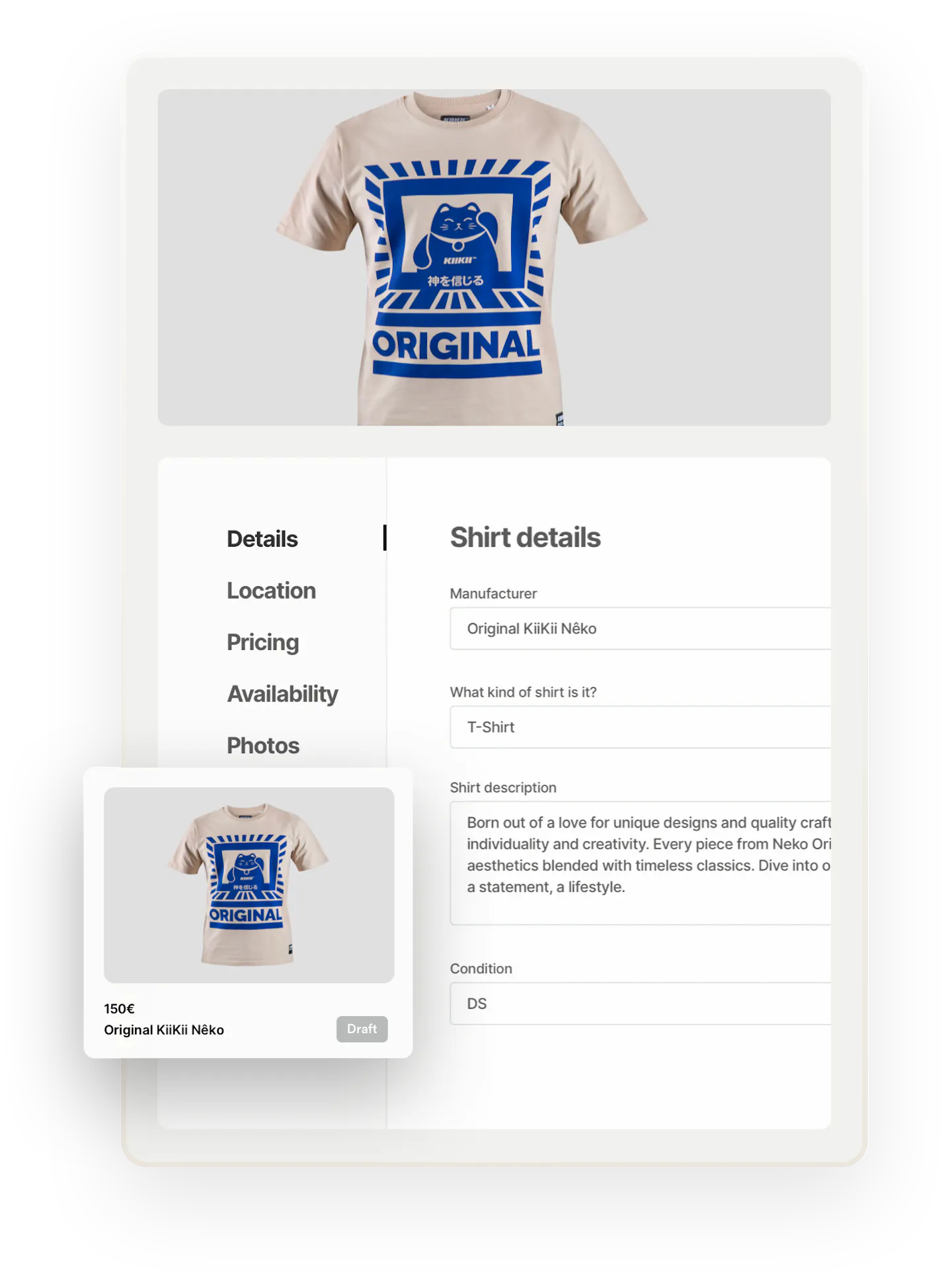 A t-shirt with a print of a stylized kitten and the text ORIGINAL. Below the image, a listing creation page is opened on the Details tab. A seller is filling in the manufacturer, shirt type, description and condition.