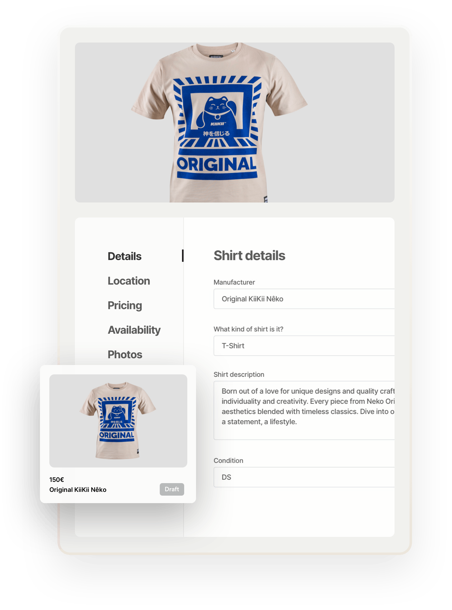 A t-shirt with a print of a stylized kitten and the text ORIGINAL. Below the image, a listing creation page is opened on the Details tab. A seller is filling in the manufacturer, shirt type, description and condition.