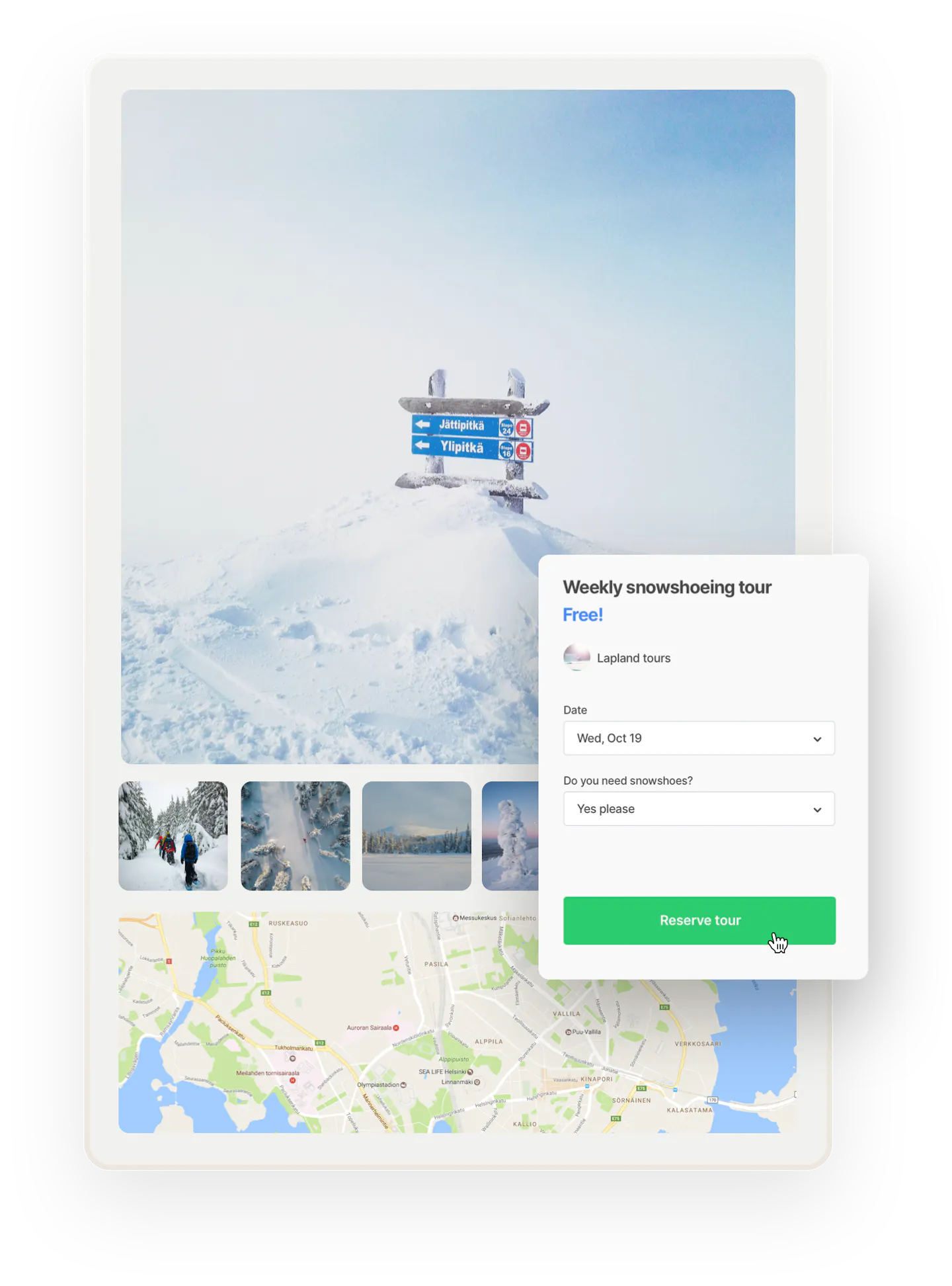 The top of the Ylläs mountain. Below are other images of wintry Finnish Lapland and a map. Overlaid is a booking form for a free snowshoeing tour.