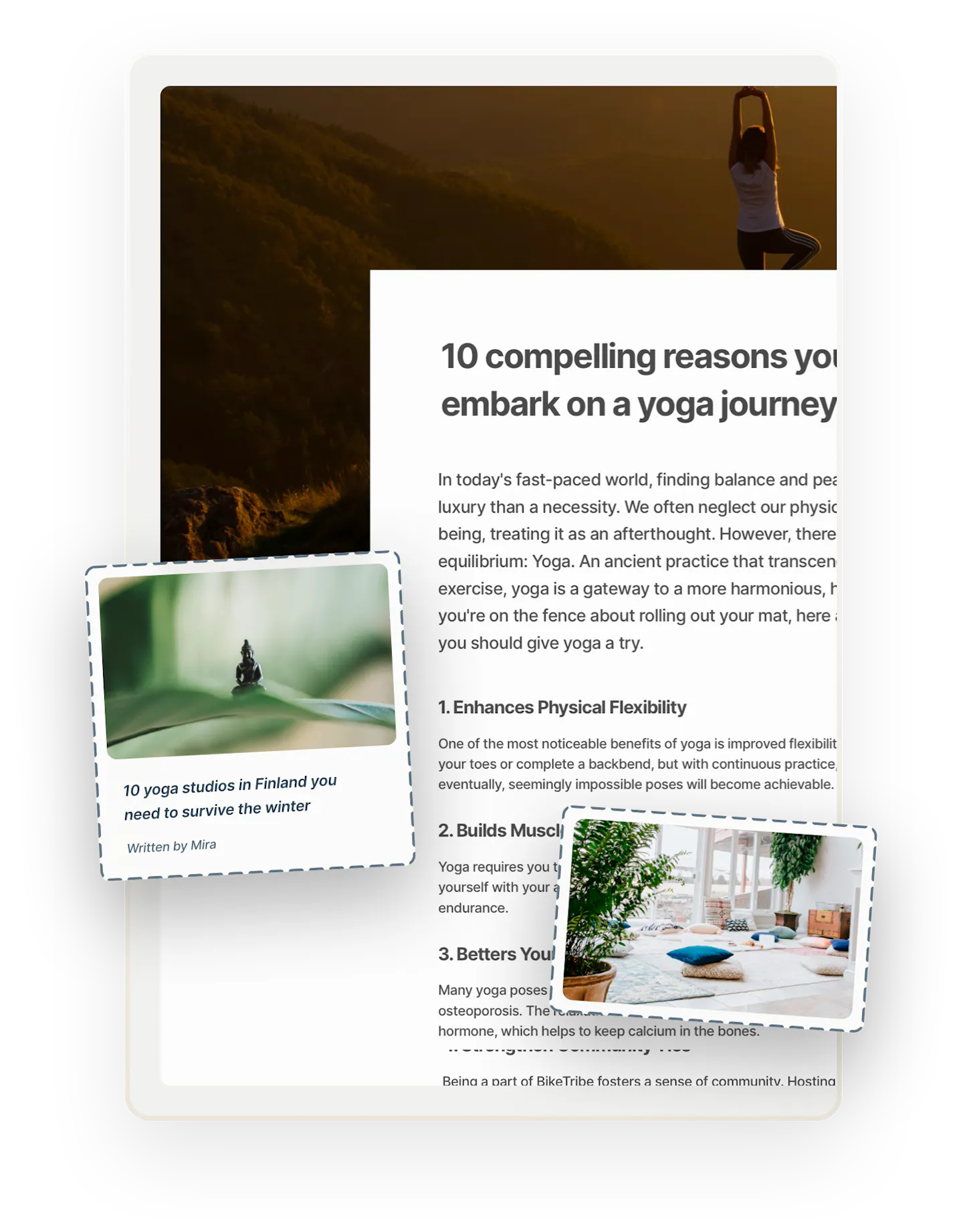 A snapshot of an example blog page titled "10 compelling reasons to embark on a yoga journey". A blog thumbnail and an image of a yoga studio are overlaid on top.