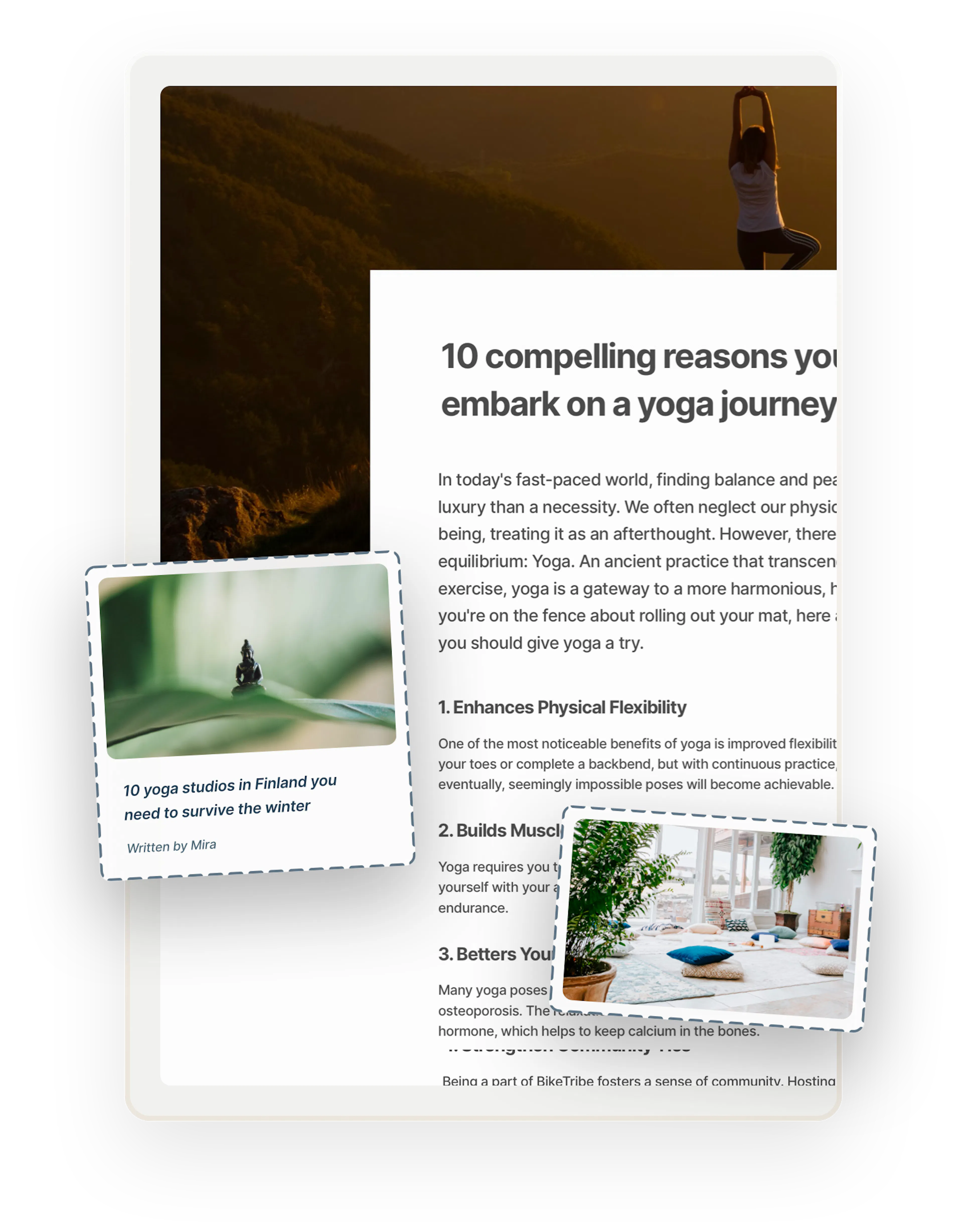A snapshot of an example blog page titled "10 compelling reasons to embark on a yoga journey". A blog thumbnail and an image of a yoga studio are overlaid on top.