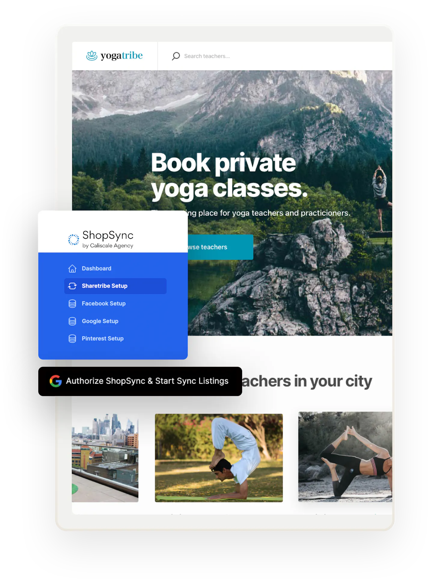 The home page of a yoga class marketplace. Overlaid on top is the ShopSync sidebar with the option to authorize ShopSync to start syncing listings with social media.