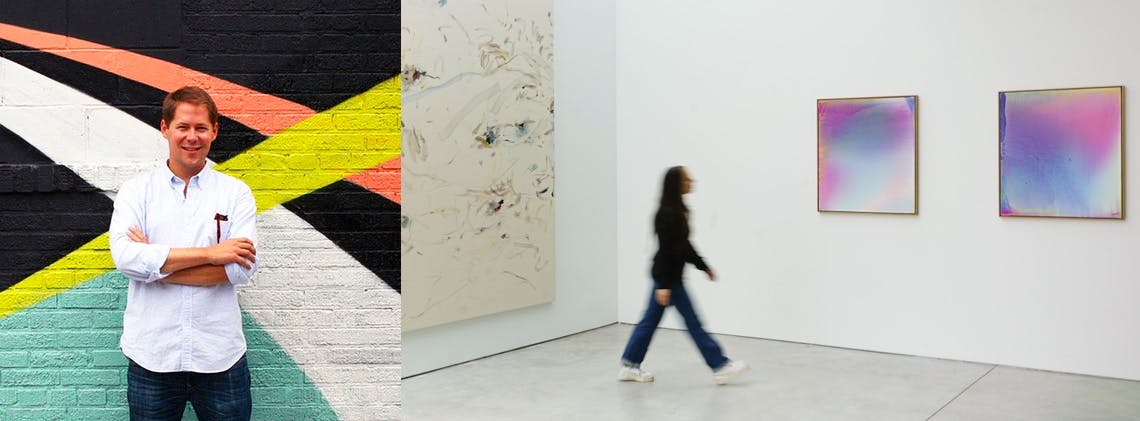 A photo of Wright Harvey in front of a black brick wall painted in colorful stripes, next to a photo of a woman in motion walking in an art gallery.