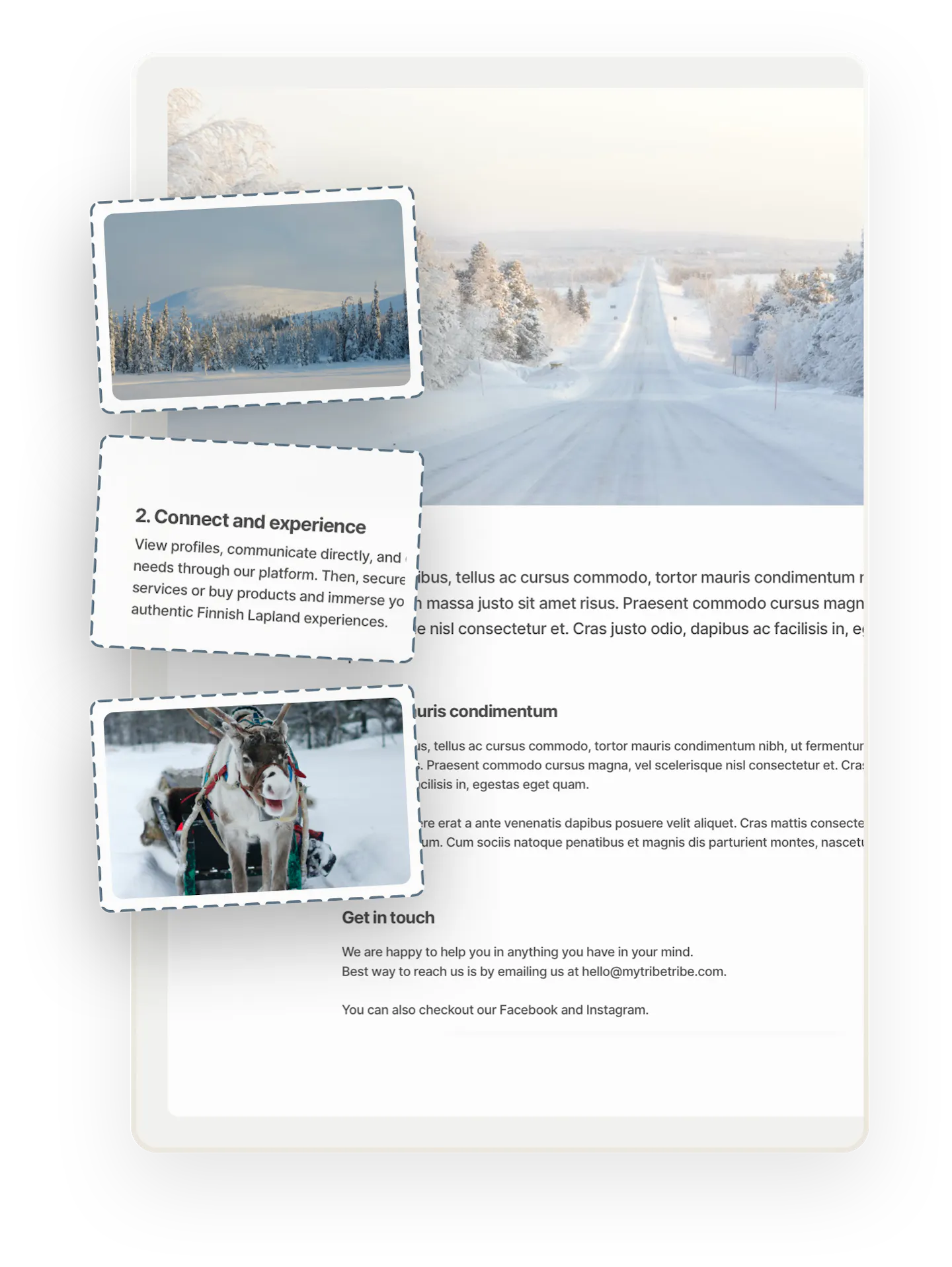 A sample page on a marketplace. At the top, an image of a road going through a snowy landscape. Below, there's classic Lorem ipsum text. Images of Finnish Lapland and a box of text are overlaid on top. 