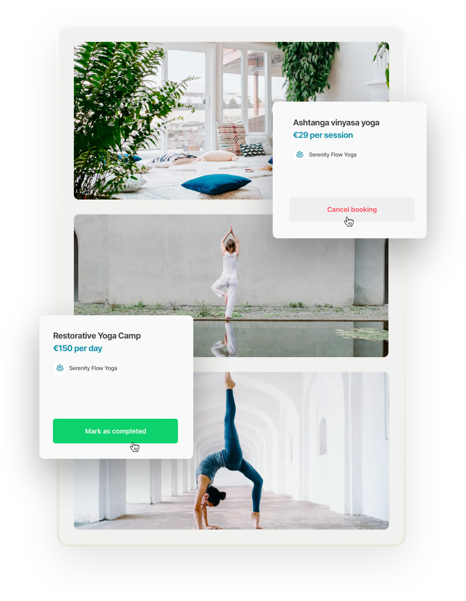 Three images of yoga-related things. First, a comfortable yoga studio with plants and pillows. Below are two people doing yoga. Overlaid are two boxes that show the operator is going to mark one booking as completed and cancel another.