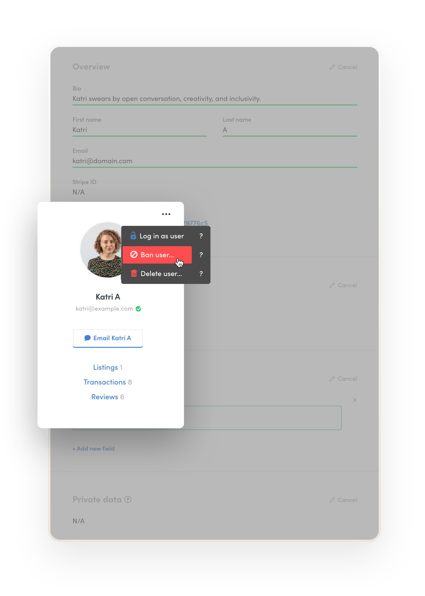 The marketplace operator is about click "Ban user" on Katri's profile in Console. She must've engaged in shenanigans that were against the marketplace's terms.