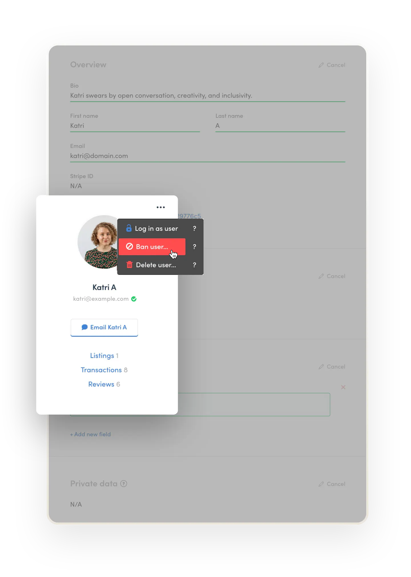 The marketplace operator is about click "Ban user" on Katri's profile in Console. She must've engaged in shenanigans that were against the marketplace's terms.