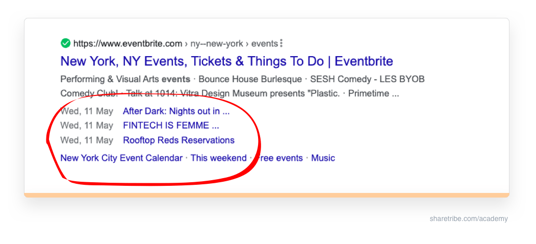 Screenshot of Eventbrite's Google search result using event schema. 