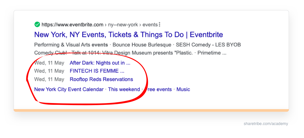 Screenshot of Eventbrite's Google search result using event schema.