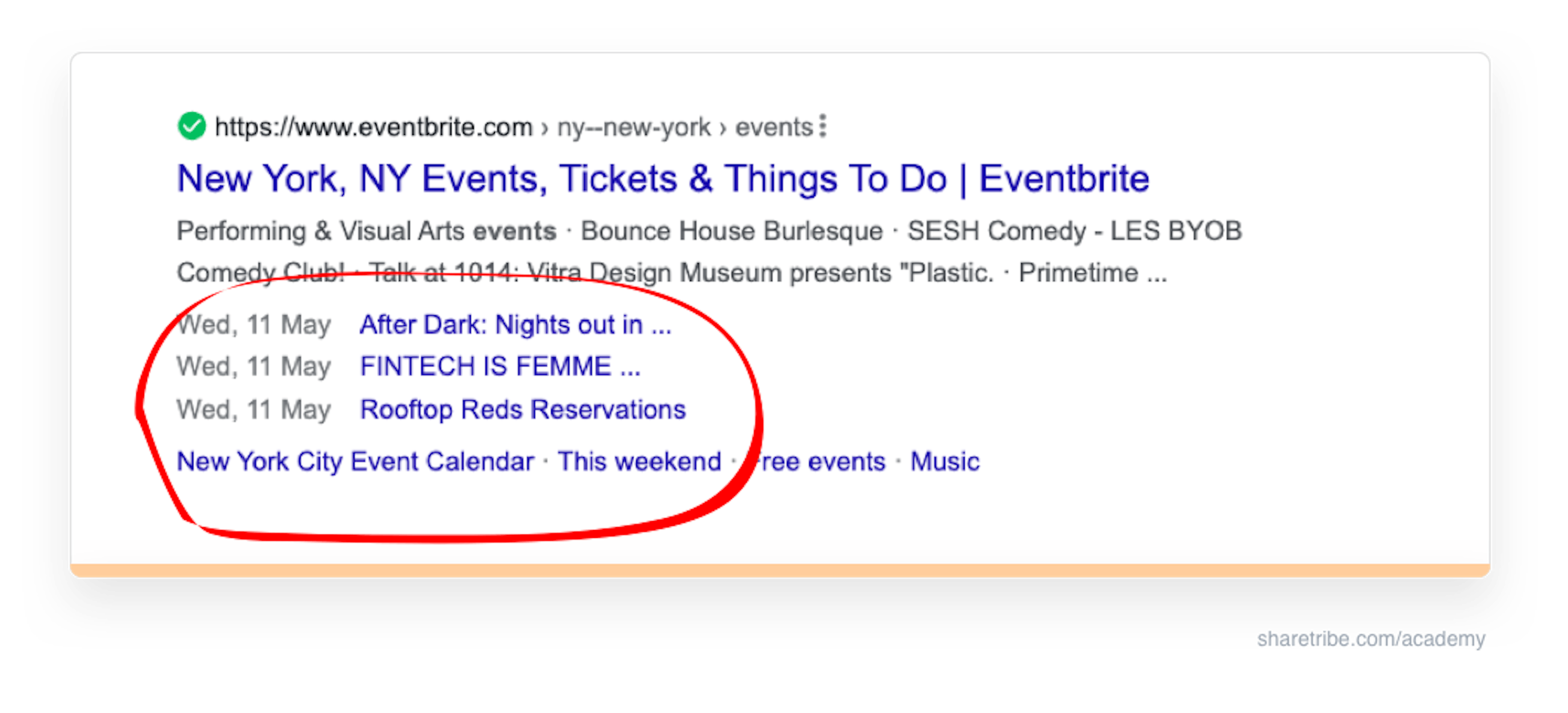Screenshot of Eventbrite's Google search result using event schema. 