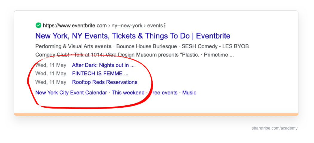Screenshot of Eventbrite's Google search result using event schema.