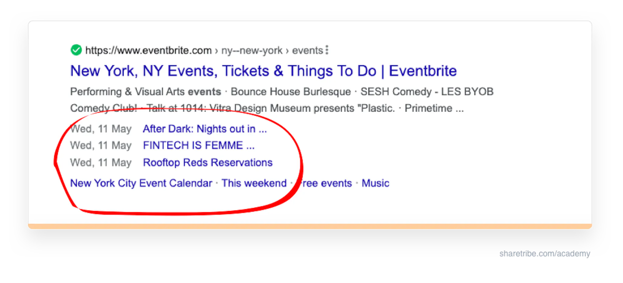 Screenshot of Eventbrite's Google search result using event schema. 