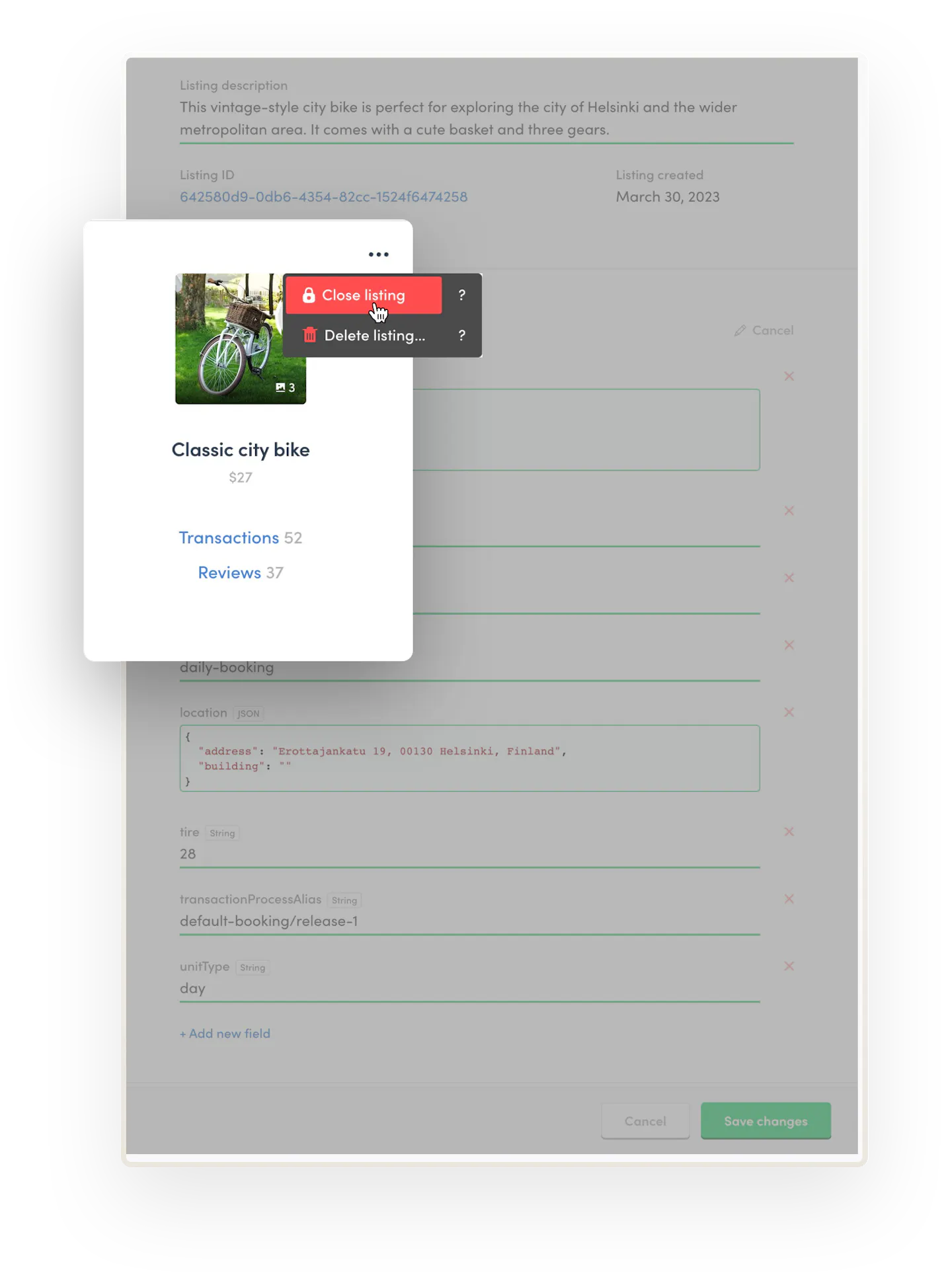 The marketplace operator is about to close the listing Classic city bike in Console.