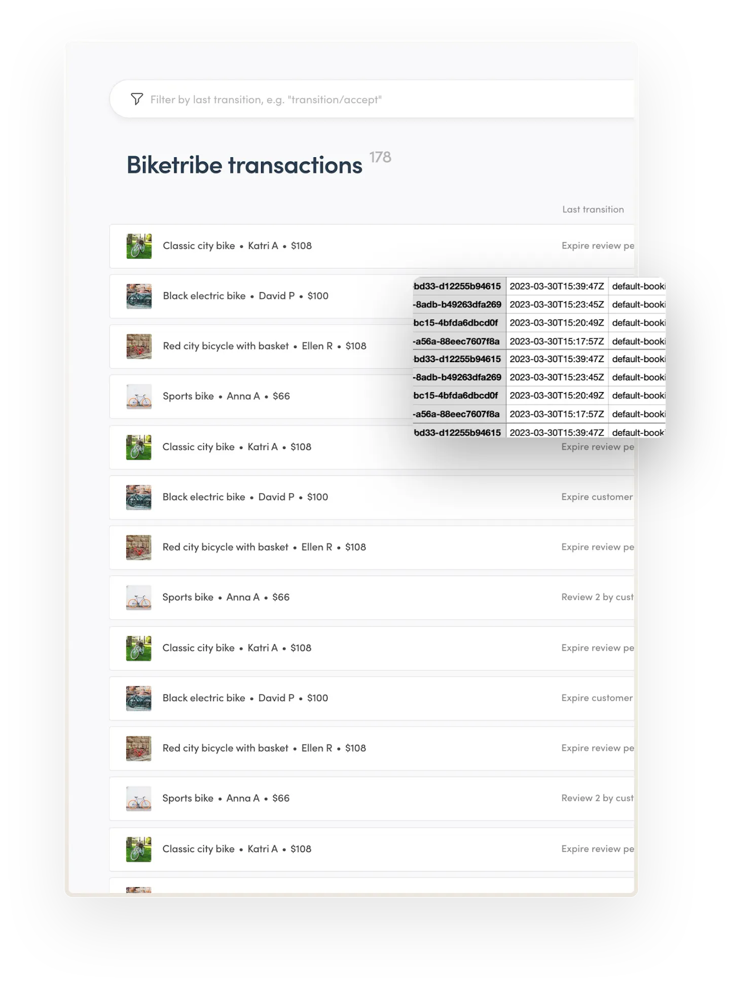 Sharetribe Console opens to the transaction management page. There are multiple transactions listed on the page. Overlaid on top is an image of a CSV file with corresponding transaction data.