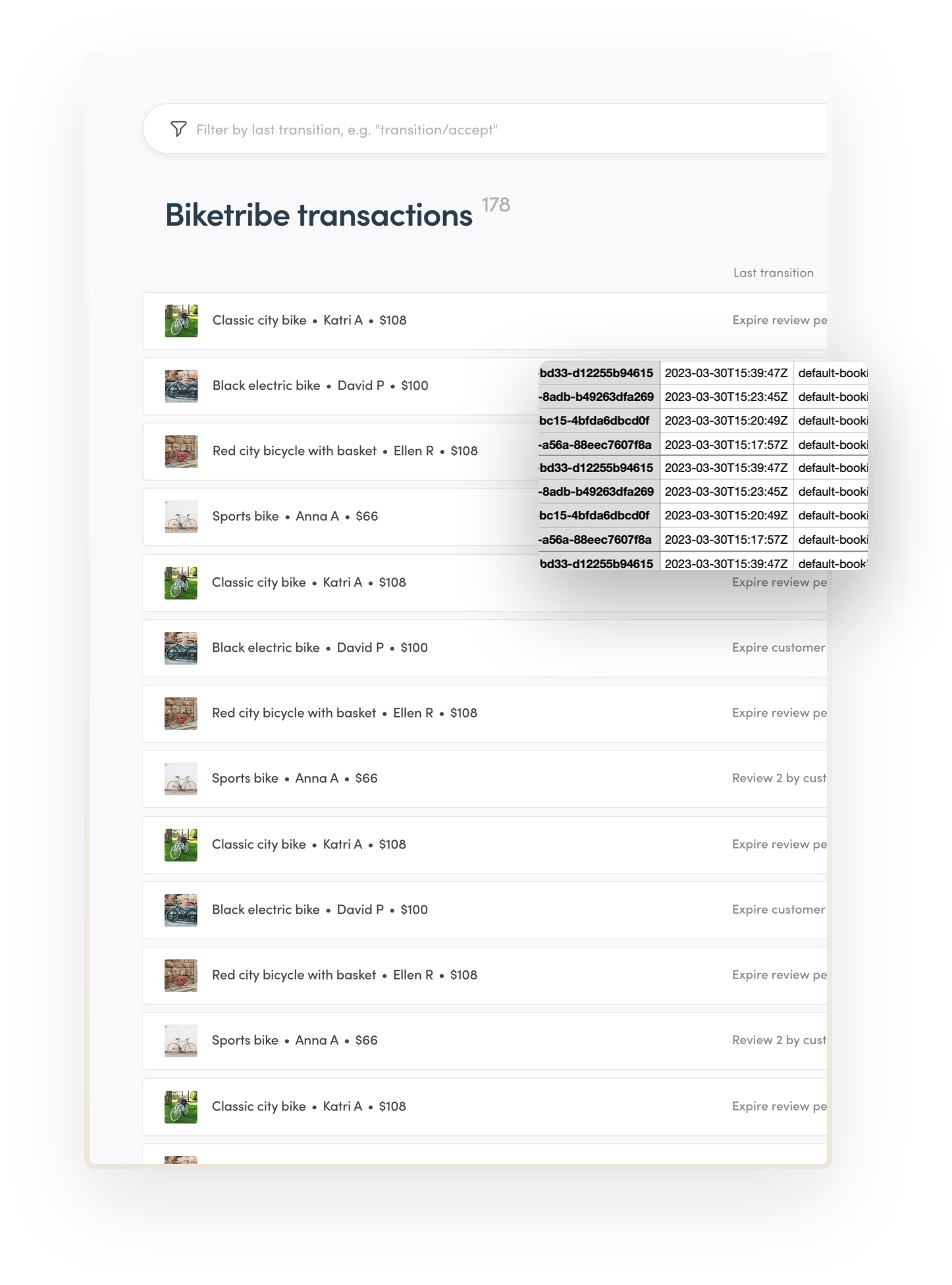 Sharetribe Console opens to the transaction management page. There are multiple transactions listed on the page. Overlaid on top is an image of a CSV file with corresponding transaction data.