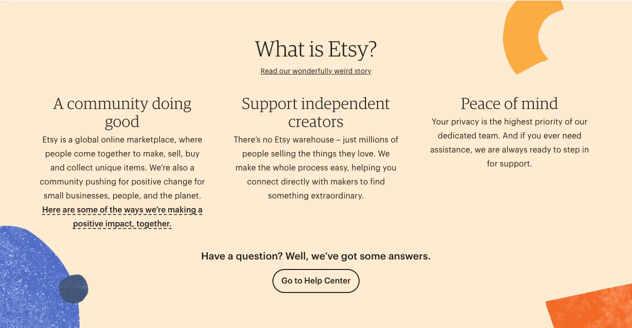 Screenshot from multi-vendor marketplace Etsy's landing page value propositions.